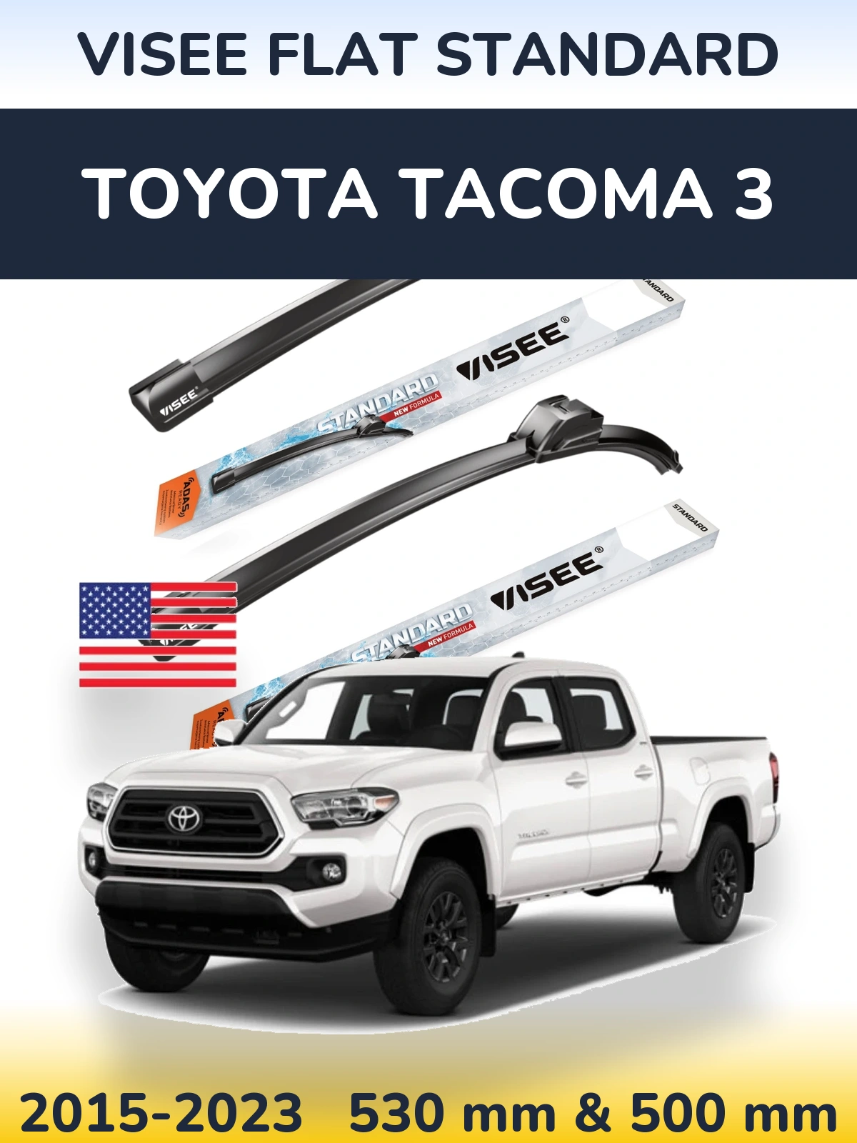 Комплект передних дворников VISEE FLAT STANDARD 530 & 500 мм для Toyota Tacoma 3 2015-2023