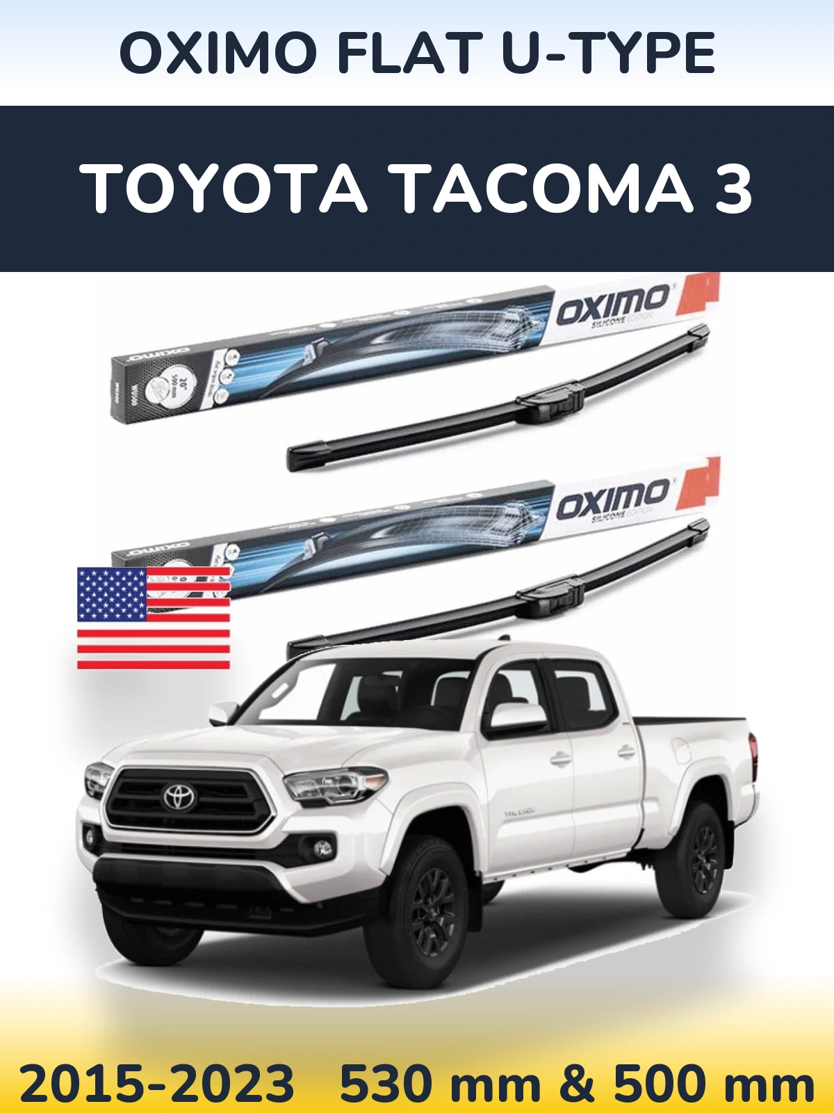 Front wiper blade set Oximo Flat U-type 530 & 500 mm for Toyota Tacoma 3 2015-2023