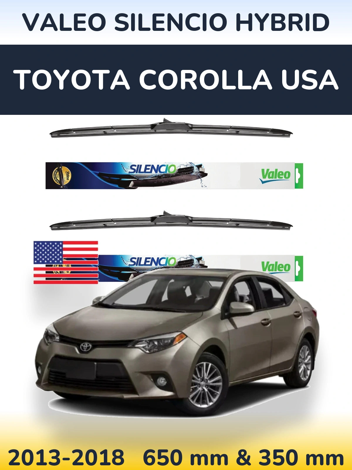 Front wiper blade set Valeo Silencio Hybrid 650 & 350 mm for Toyota Corolla USA 2013-2018