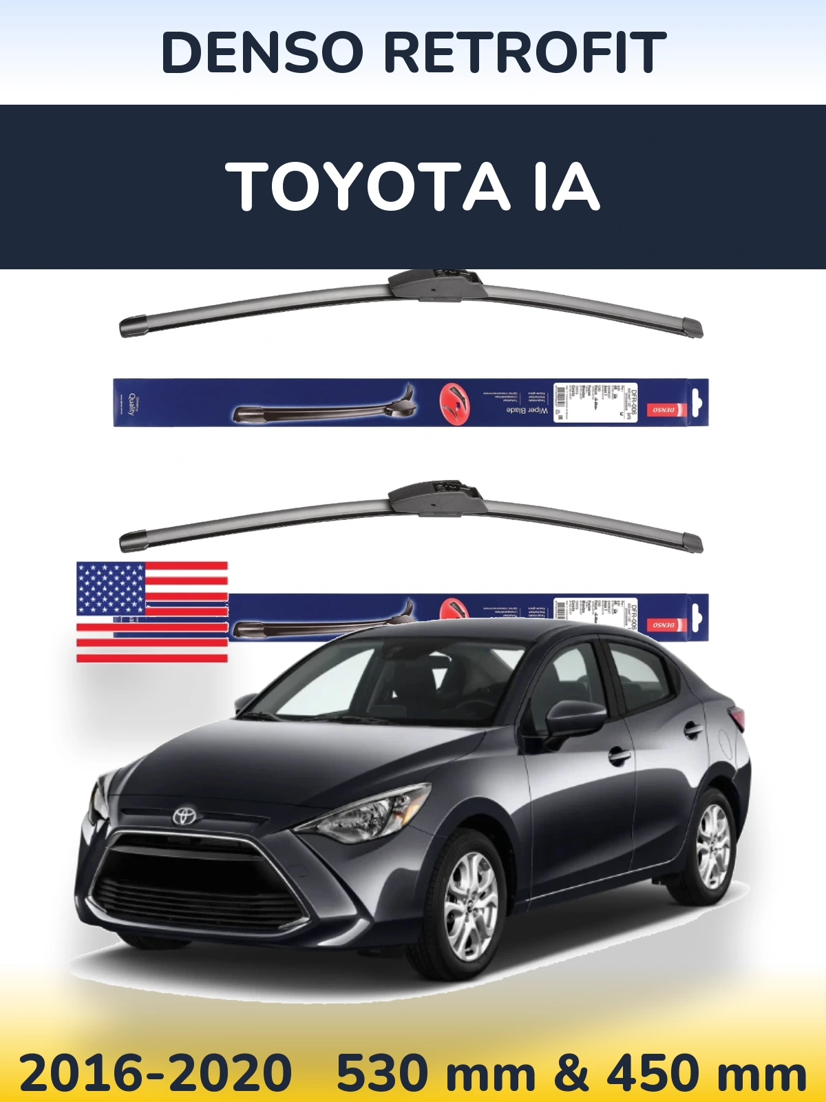 Front wiper blade set Denso Retrofit 530 & 450 mm for Toyota iA 2016-2020
