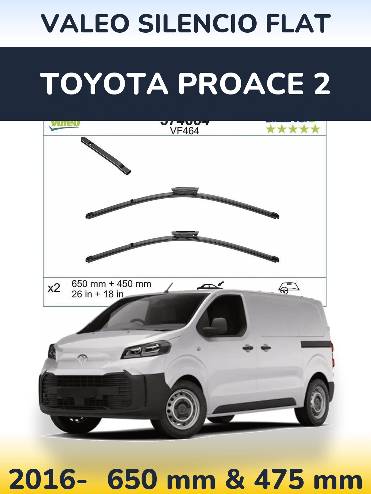Front wiper blade set Valeo Silencio Flat 650 & 450 mm for Toyota ProAce 2 2016-2026