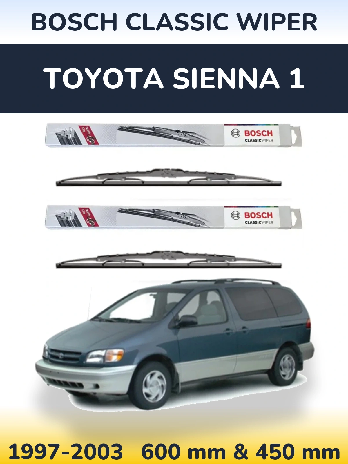 Комплект передних дворников BOSCH Classic Wiper 600 & 450 мм для Toyota Sienna 1 1997-2003