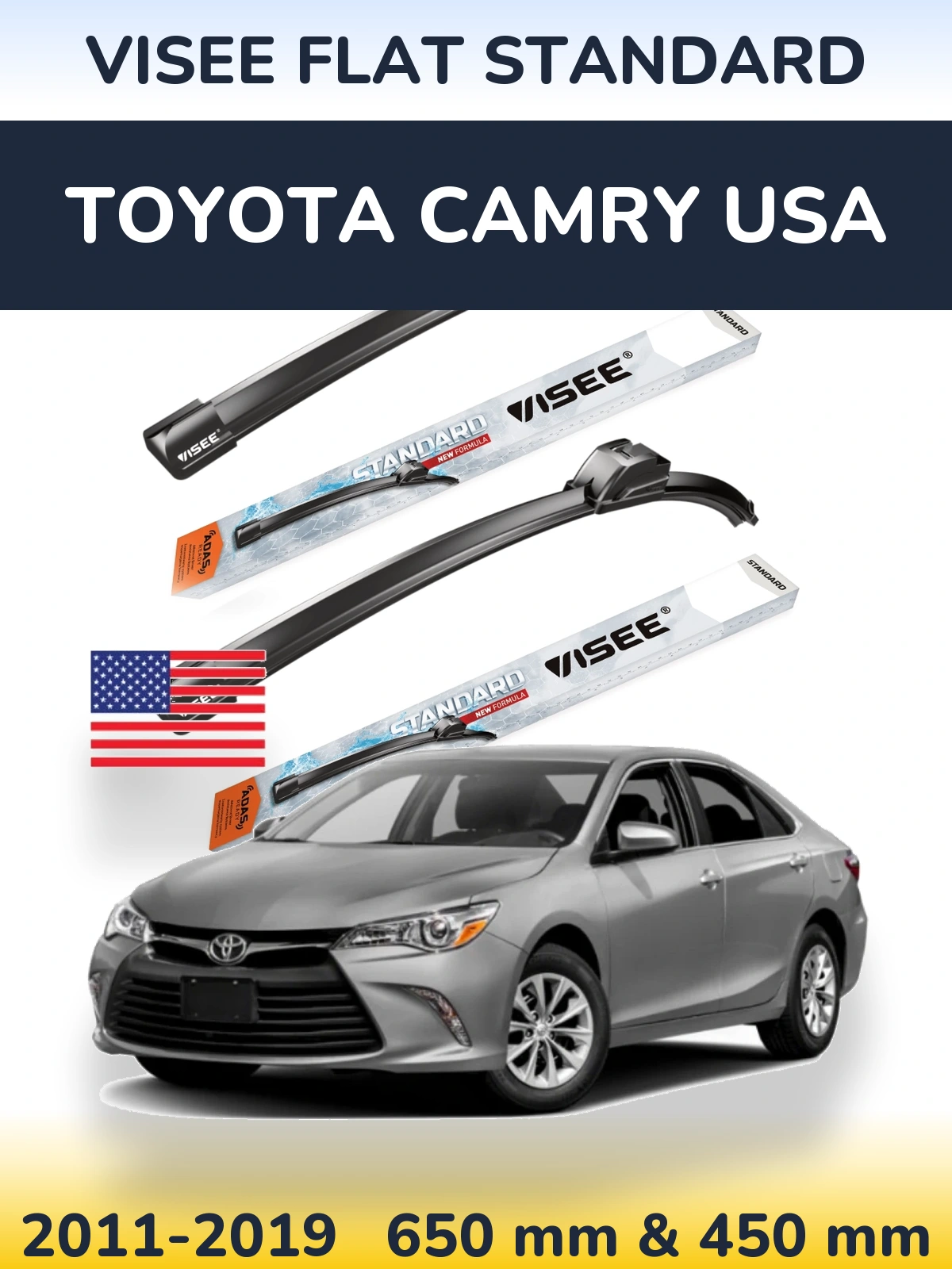 Комплект передних дворников VISEE FLAT STANDARD 650 & 450 мм для Toyota Camry USA 2011-2019