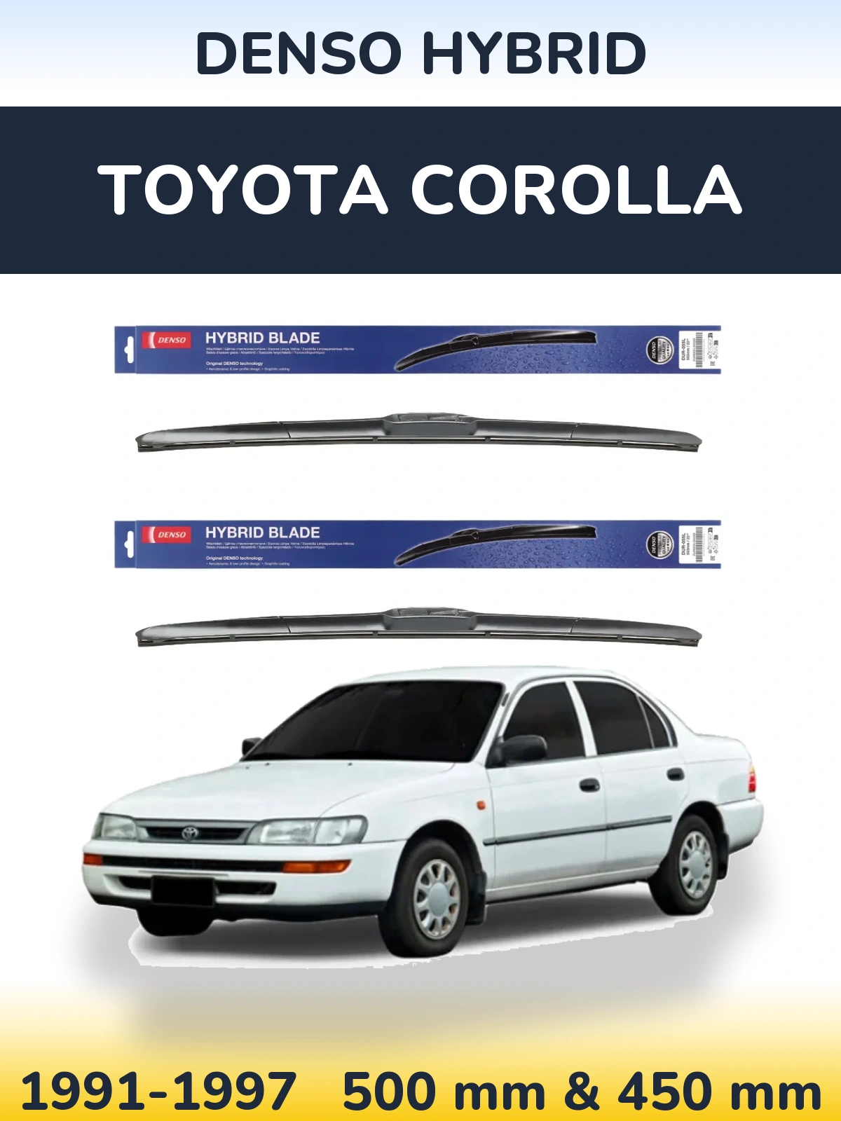 Front wiper blade set Denso Hybrid 500 & 450 mm for Toyota Corolla 1991-1997