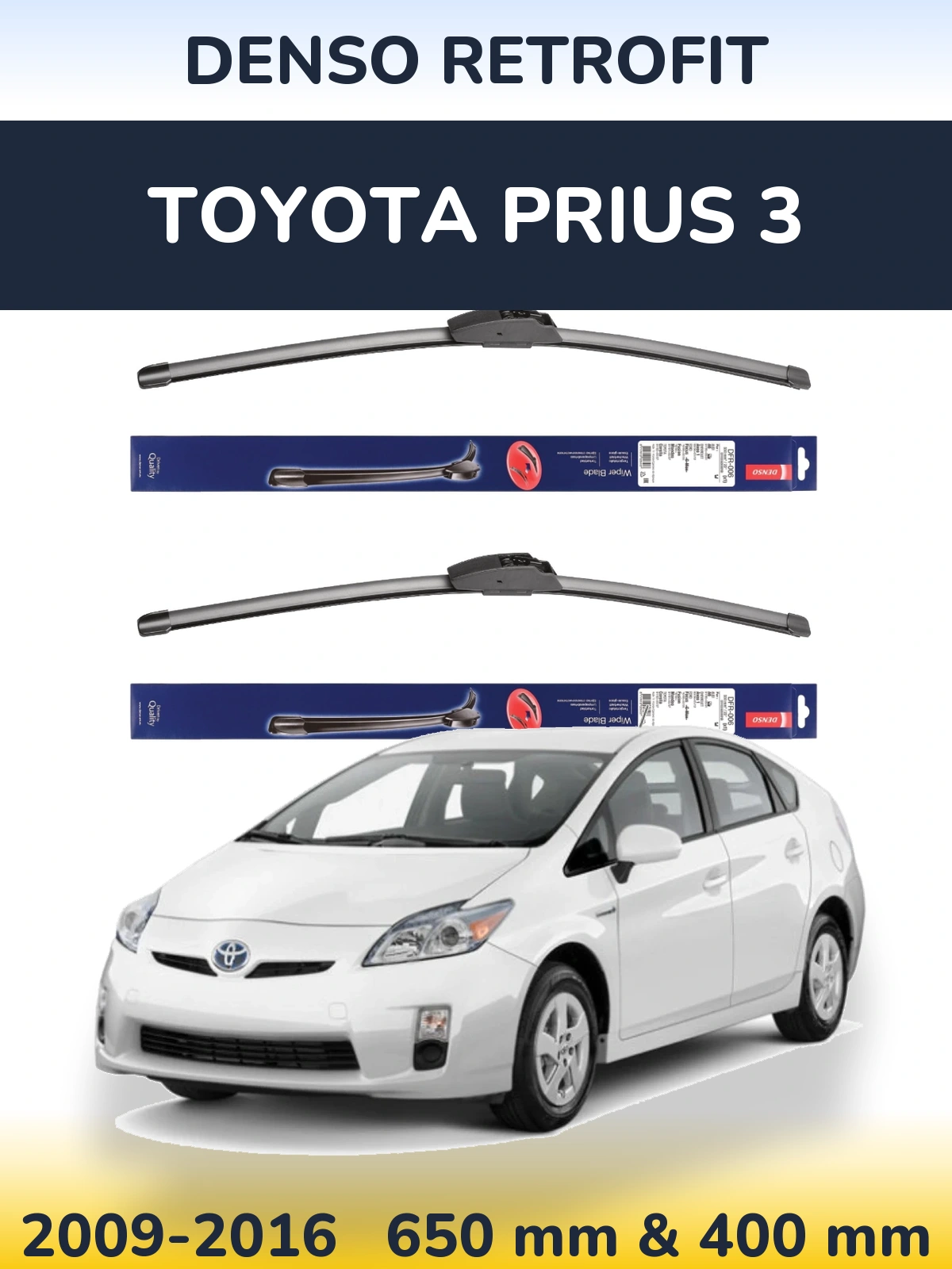 Front wiper blade set Denso Retrofit 650 & 400 mm for Toyota Prius 3 2009-2016