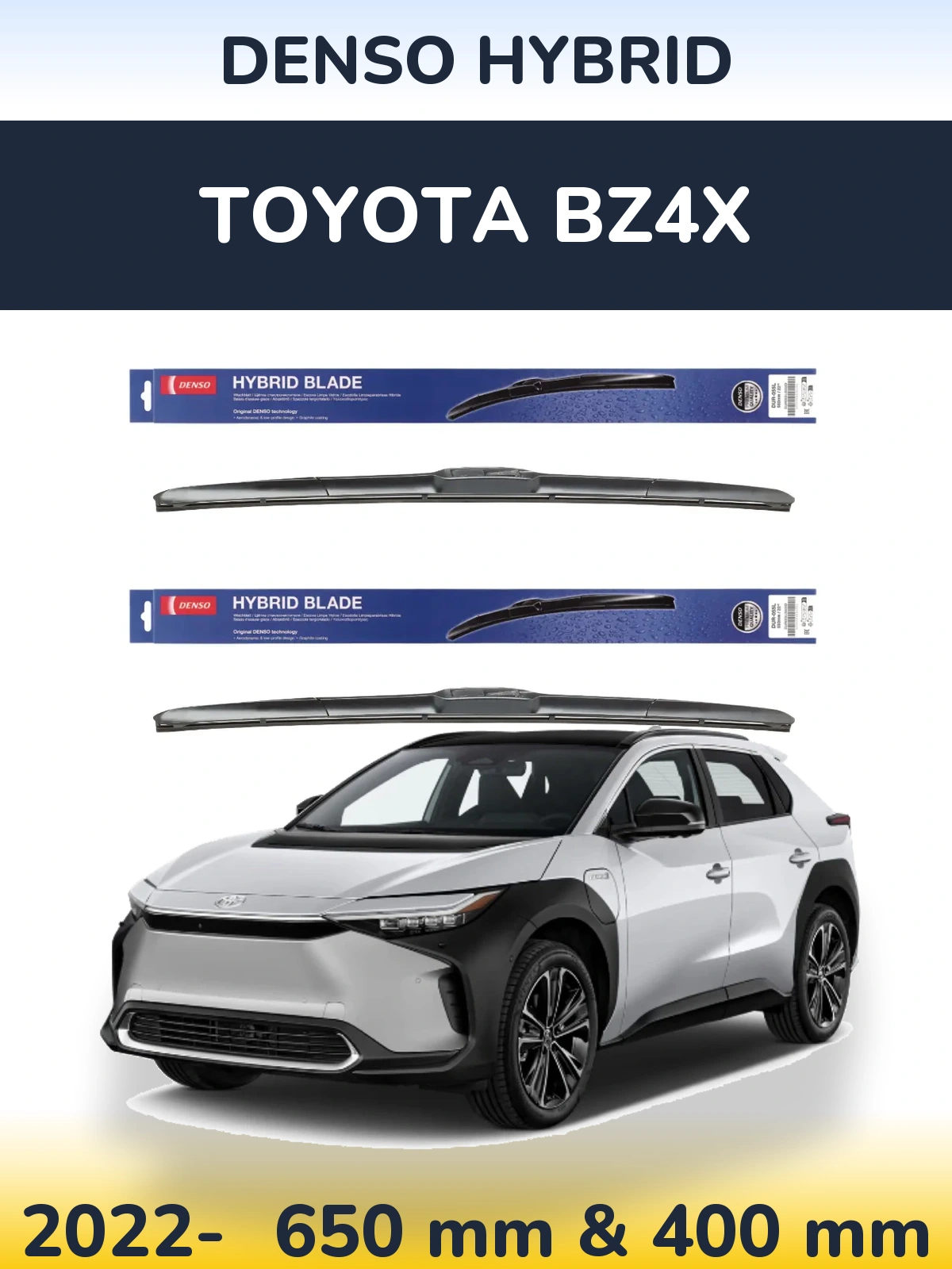 Front wiper blade set Denso Hybrid 650 & 400 mm for Toyota bZ4X 2022-2026