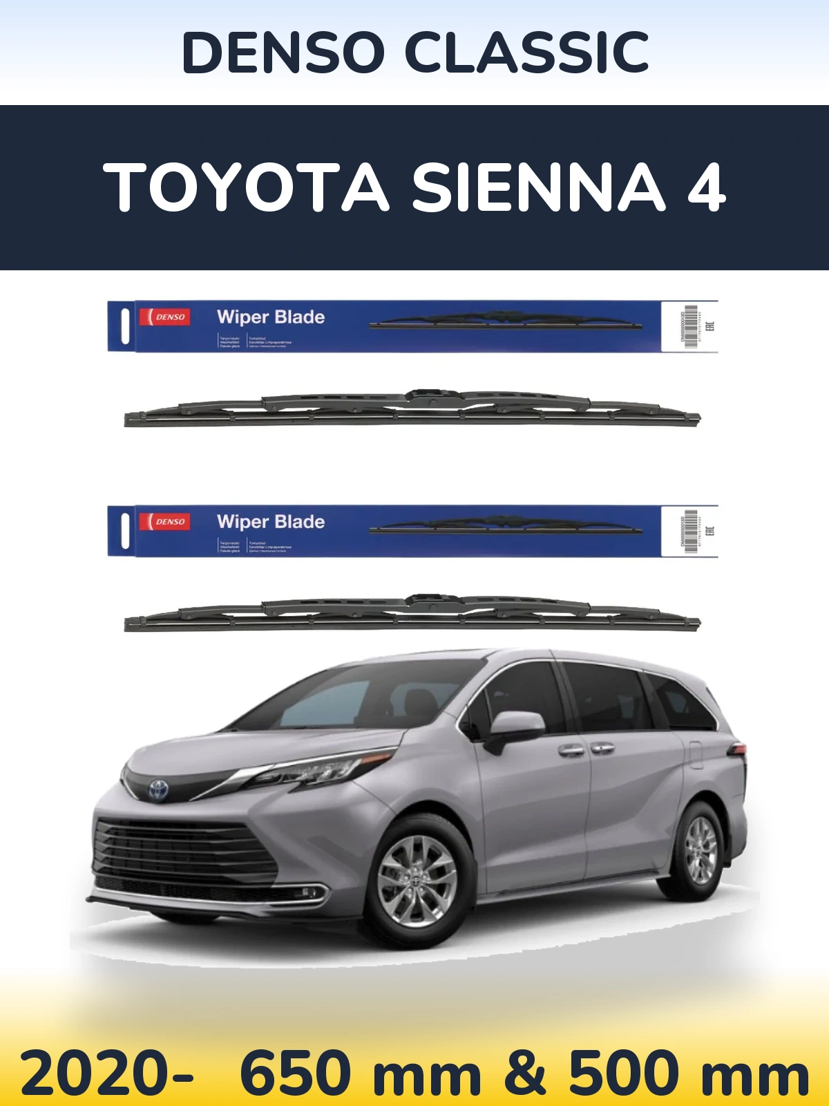 Front wiper blade set Denso Classic 650 & 500 mm for Toyota Sienna 4 2020-2026