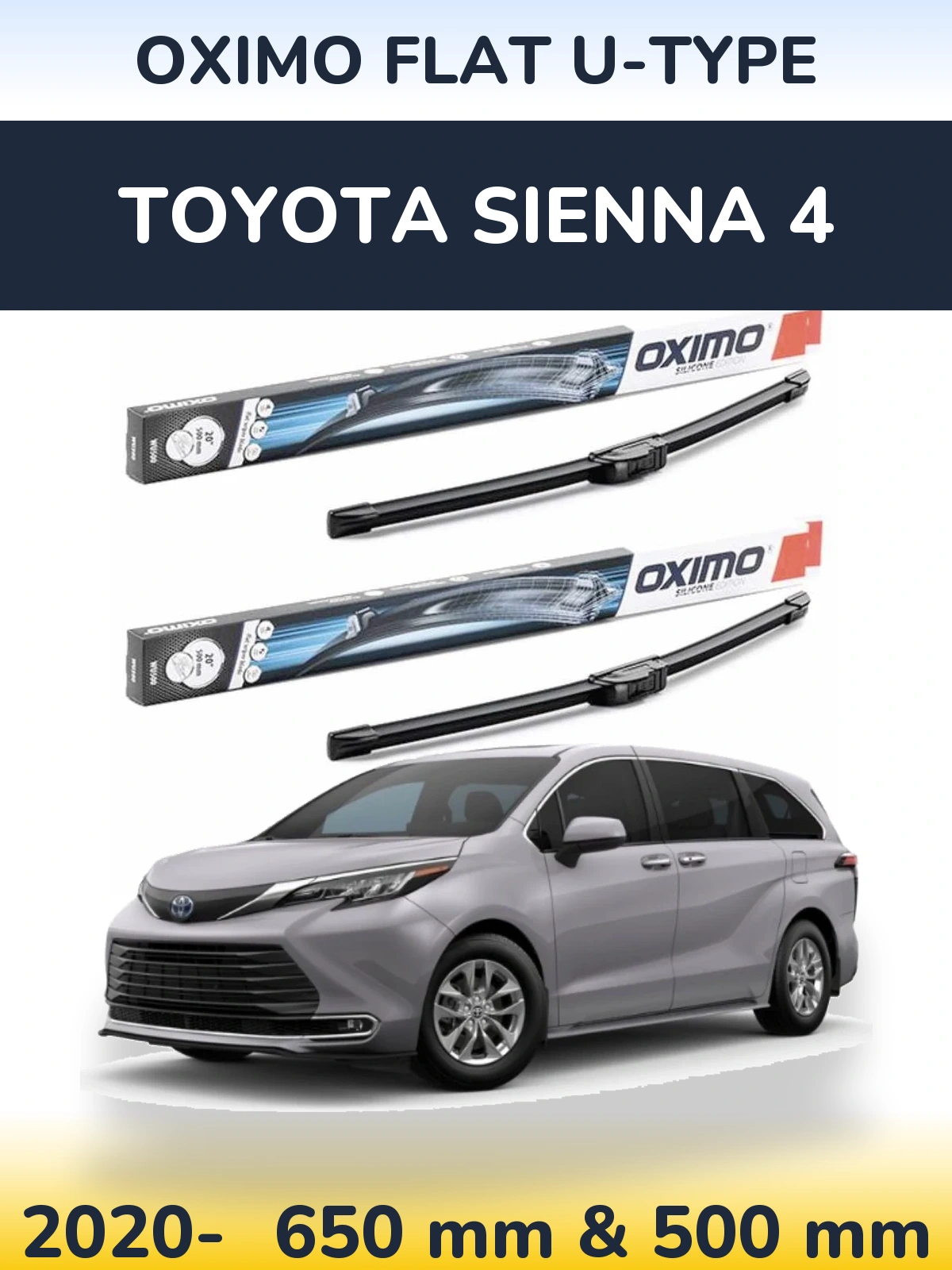 Front wiper blade set Oximo Flat U-type 650 & 500 mm for Toyota Sienna 4 2020-2026