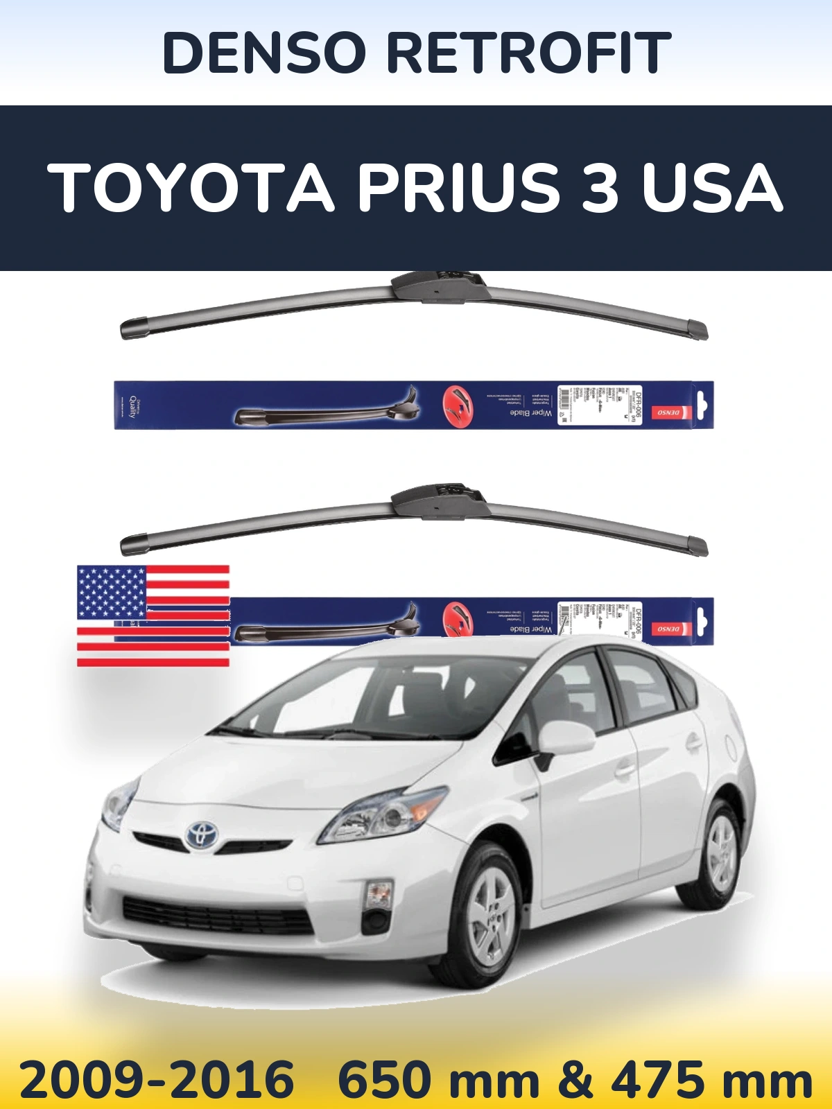 Комплект передніх щіток Denso Retrofit 650 & 475 мм для Toyota Prius 3 USA 2009-2016