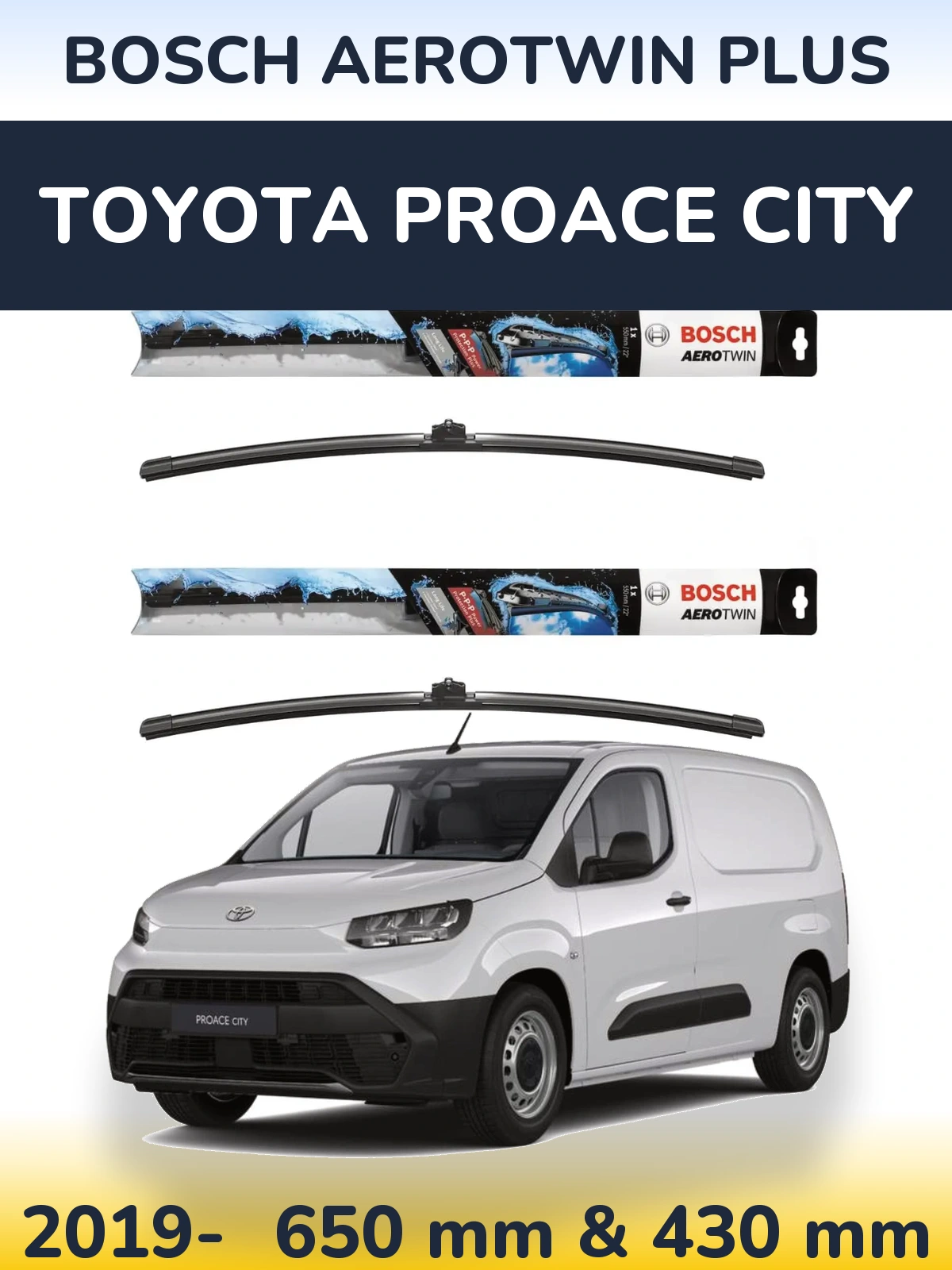 Front wiper blade set BOSCH AeroTwin Plus 650 & 430 mm for Toyota ProAce City 2019-2026