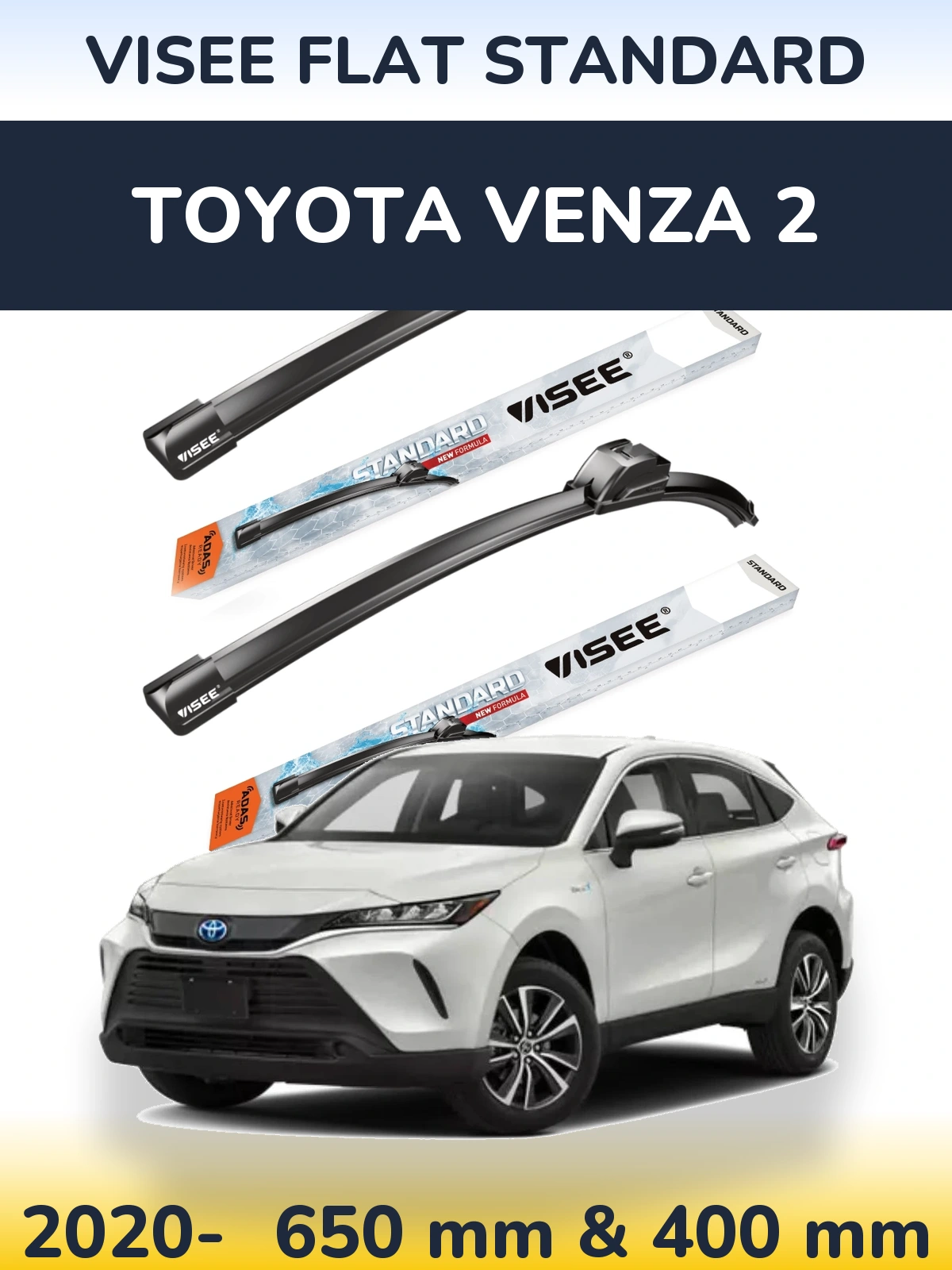 Front wiper blade set VISEE FLAT STANDARD 650 & 400 mm for Toyota Venza 2 2020-2026
