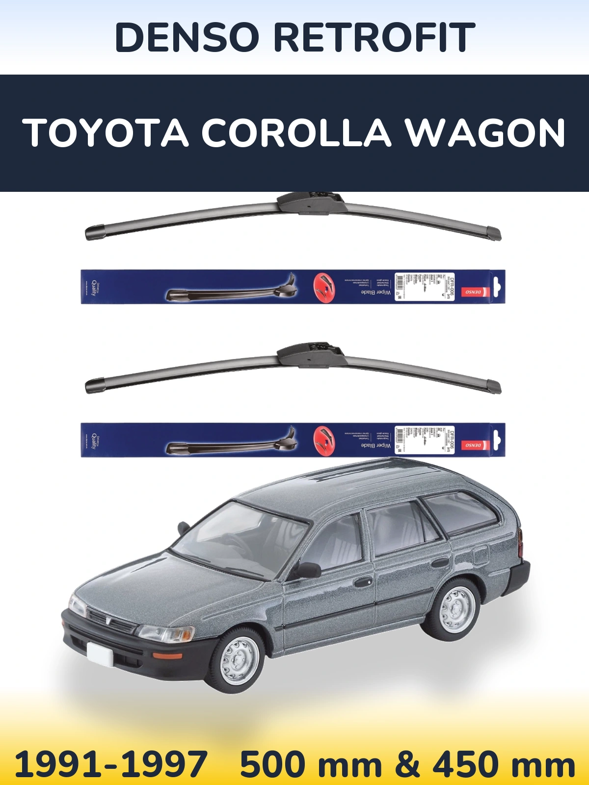 Front wiper blade set Denso Retrofit 500 & 450 mm for Toyota Corolla Wagon 1991-1997
