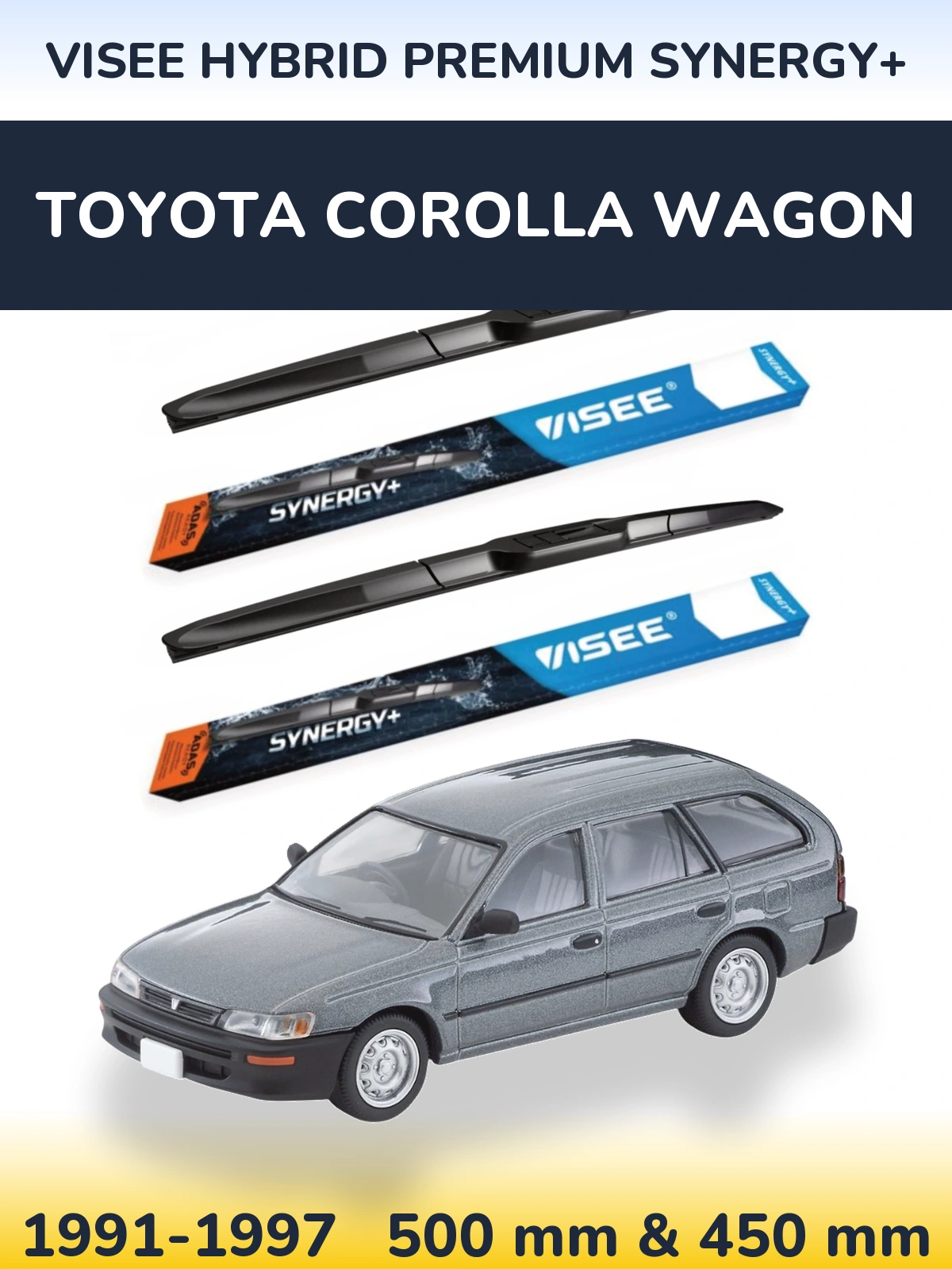 Front wiper blade set VISEE HYBRID PREMIUM SYNERGY+ 500 & 450 mm for Toyota Corolla Wagon 1991-1997