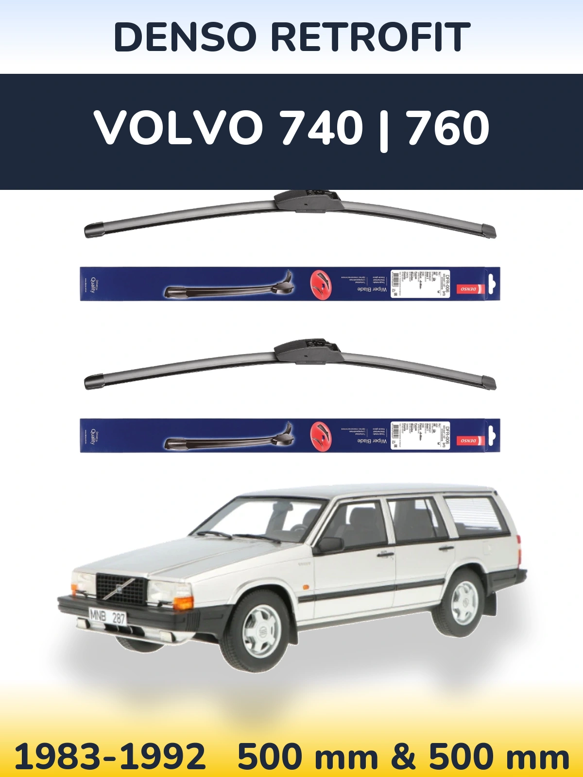 Front wiper blade set Denso Retrofit 500 & 500 mm for Volvo 740 | 760 1983-1992