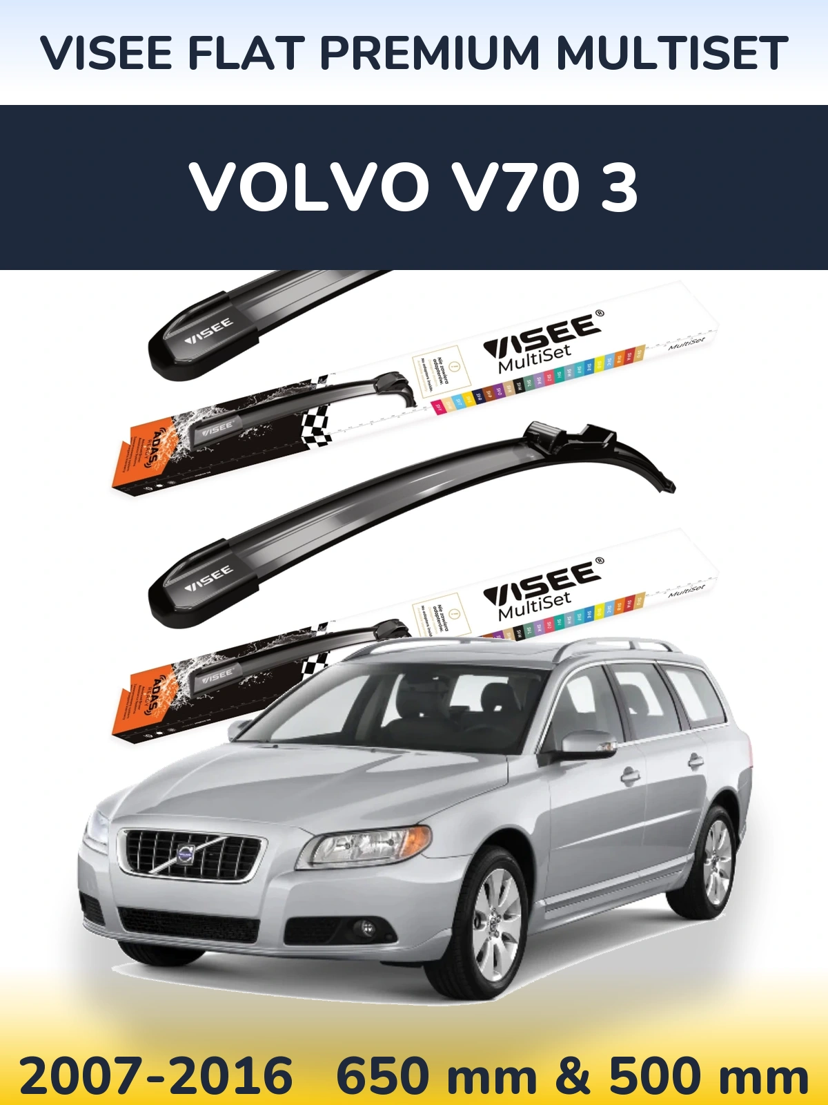 Front wiper blade set VISEE FLAT PREMIUM MultiSet 650 & 500 mm for Volvo V70 3 2007-2016
