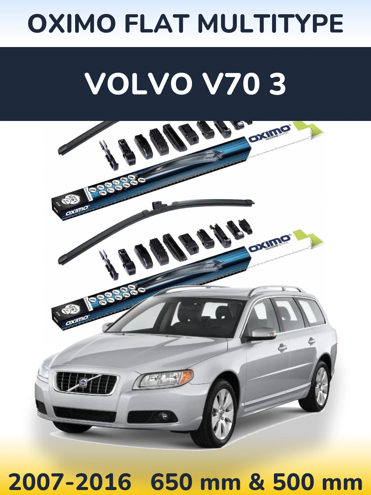 Front wiper blade set Oximo Flat MultiTypee 650 & 500 mm for Volvo V70 3 2007-2016