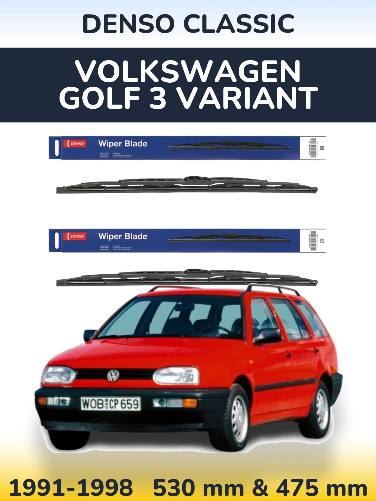 Front wiper blade set Denso Classic 530 & 475 mm for Volkswagen Golf 3 Variant 1991-1998