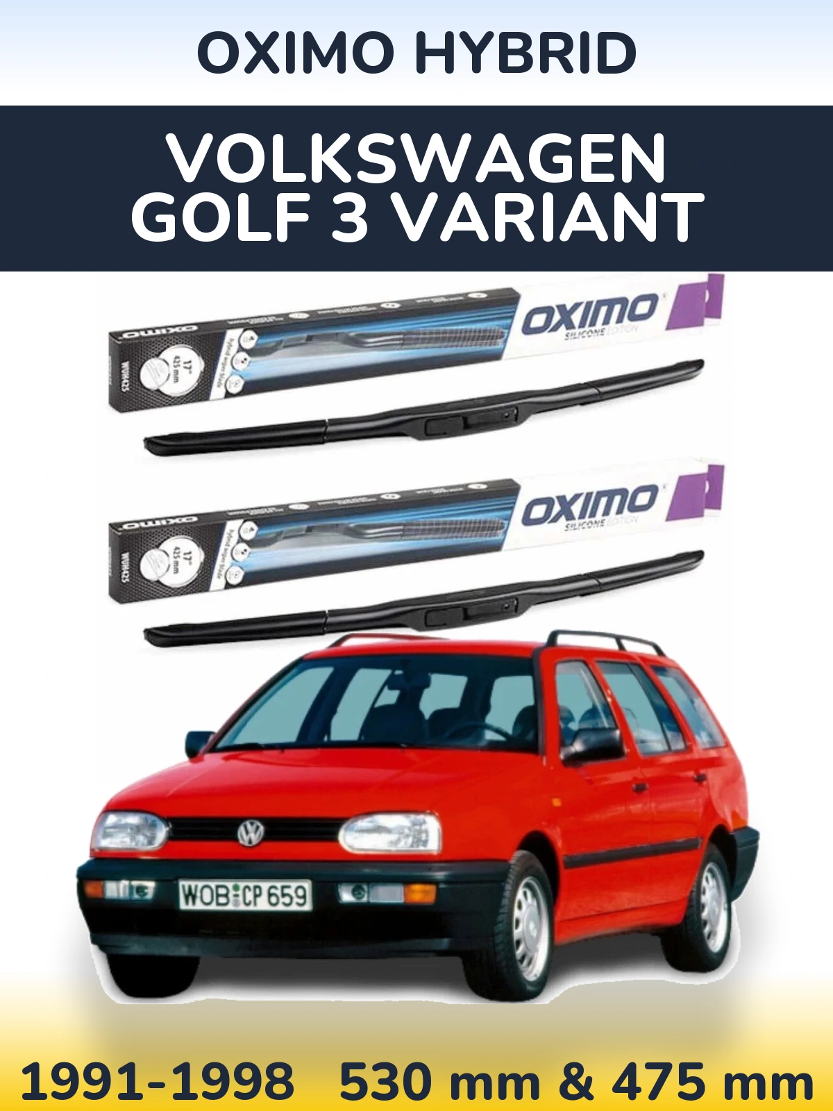 Front wiper blade set Oximo Hybrid 530 & 475 mm for Volkswagen Golf 3 Variant 1991-1998