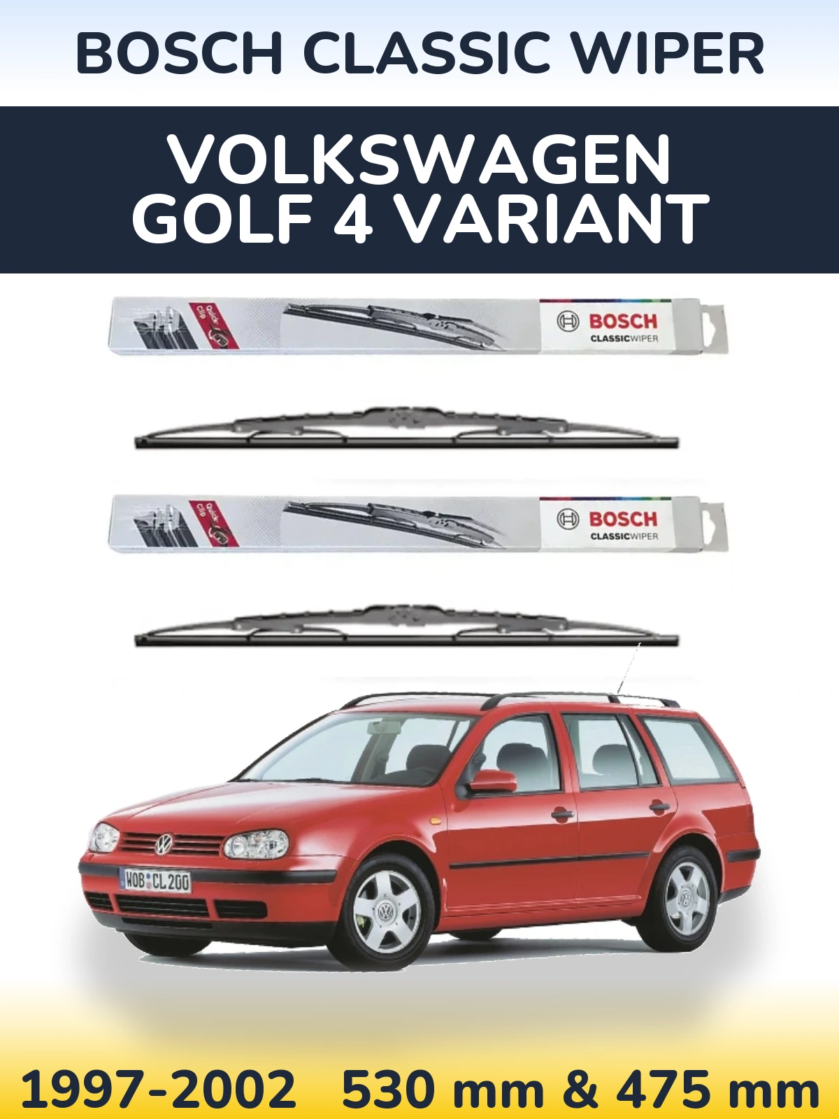 Front wiper blade set BOSCH Classic Wiper 530 & 475 mm for Volkswagen Golf 4 Variant 1997-2002