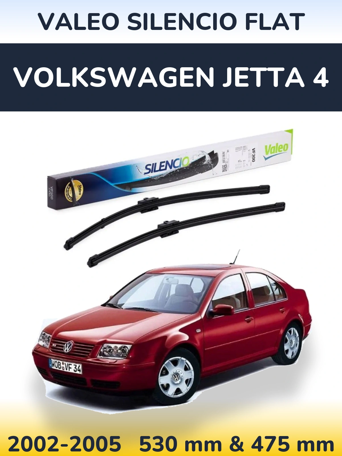 Front wiper blade set Valeo Silencio Flat 530 & 475 mm for Volkswagen Jetta 4 2002-2005
