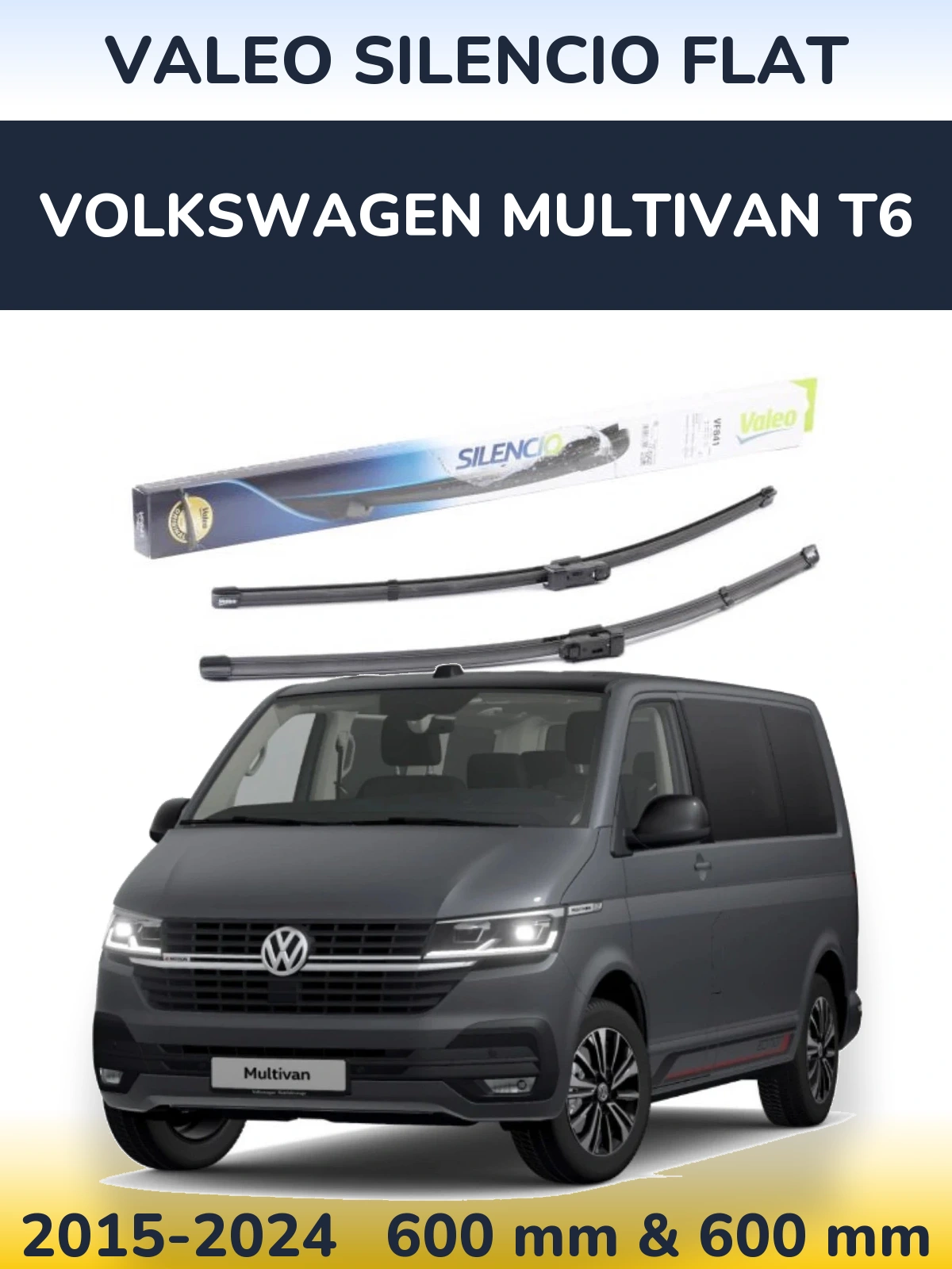 Front wiper blade set Valeo Silencio Flat 600 & 600 mm for Volkswagen Multivan T6 2015-2024