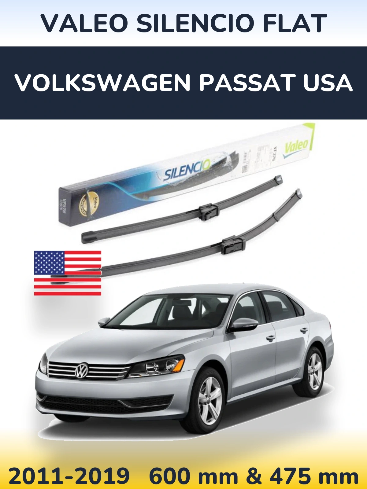 Front wiper blade set Valeo Silencio Flat 600 & 475 mm for Volkswagen Passat USA 2011-2019