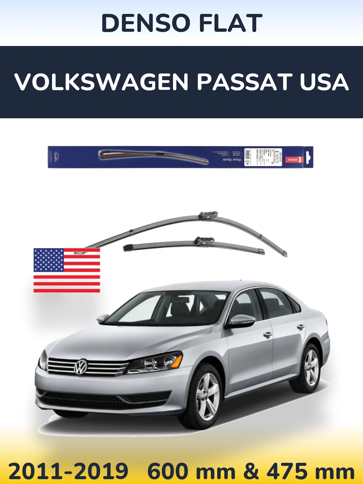 Комплект передніх щіток Denso Flat 600 & 475 мм для Volkswagen Passat USA 2011-2019