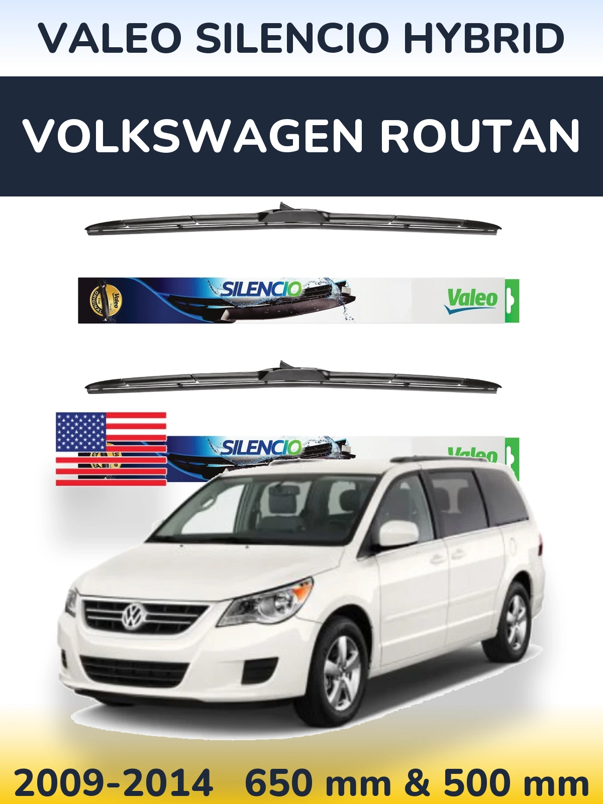 Front wiper blade set Valeo Silencio Hybrid 650 & 500 mm for Volkswagen Routan 2009-2014
