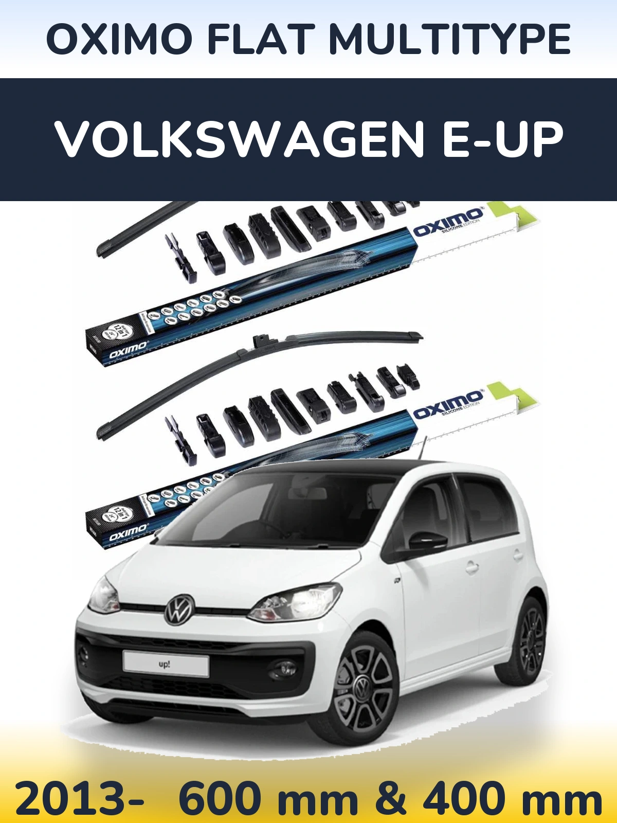 Front wiper blade set Oximo Flat MultiTypee 600 & 400 mm for Volkswagen e-Up 2013-2026