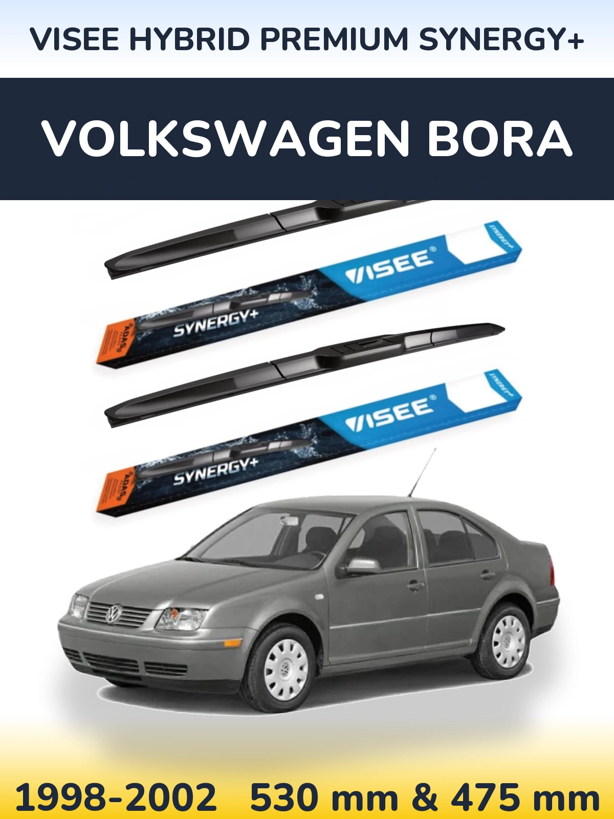 Front wiper blade set VISEE HYBRID PREMIUM SYNERGY+ 530 & 475 mm for Volkswagen Bora 1998-2002