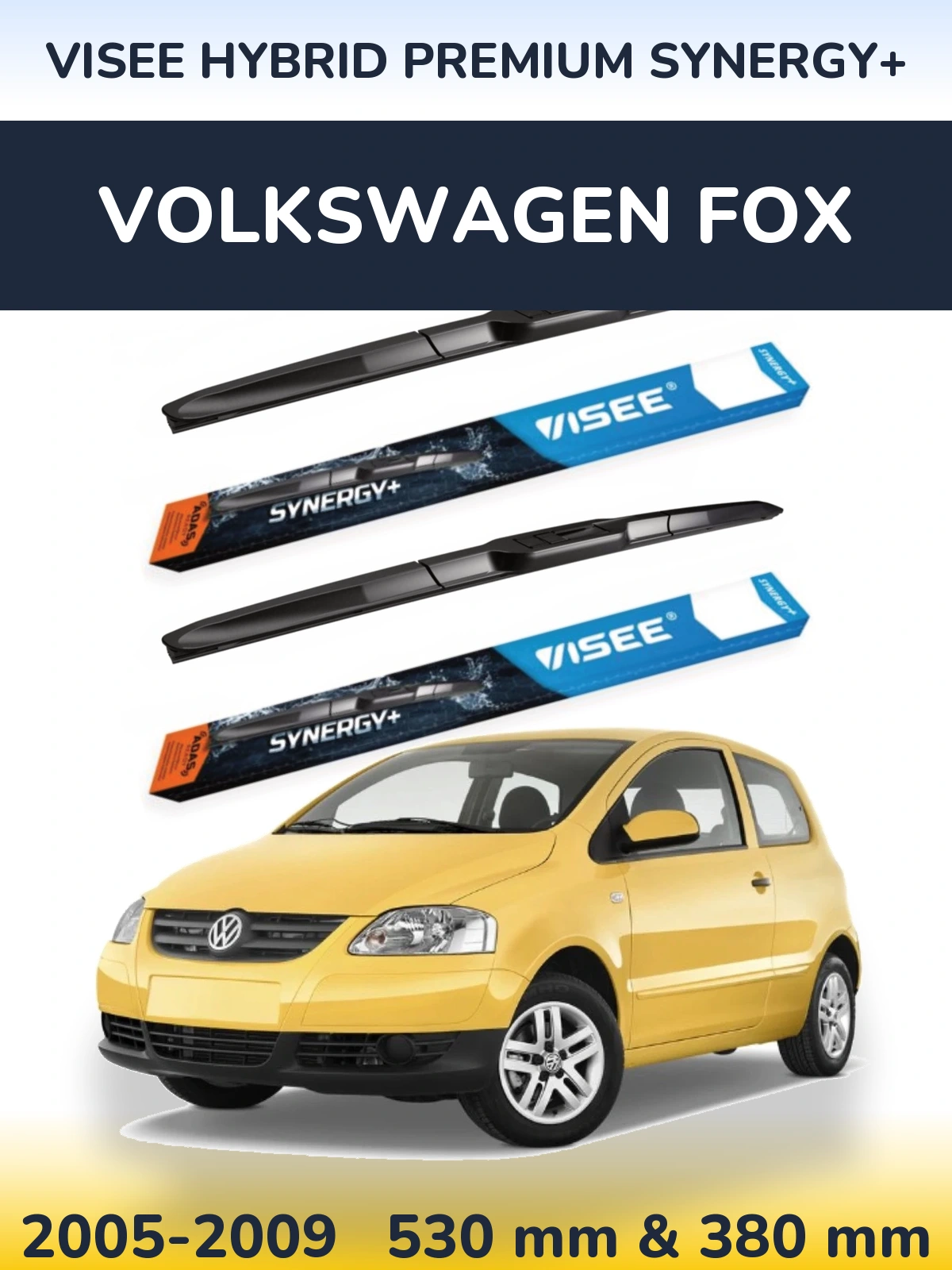 Front wiper blade set VISEE HYBRID PREMIUM SYNERGY+ 530 & 380 mm for Volkswagen Fox 2005-2009