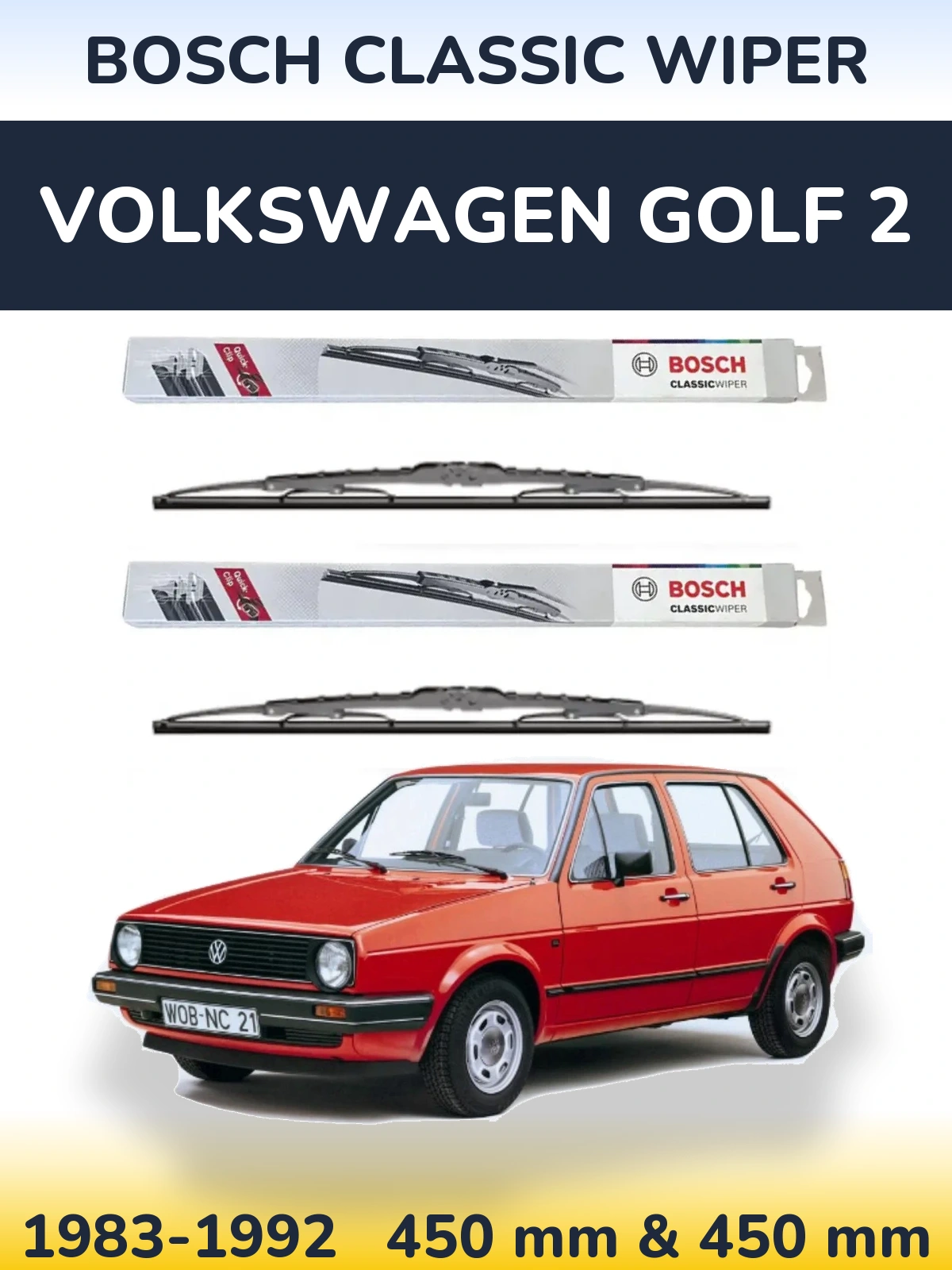 Front wiper blade set BOSCH Classic Wiper 450 & 450 mm for Volkswagen Golf 2 1983-1992