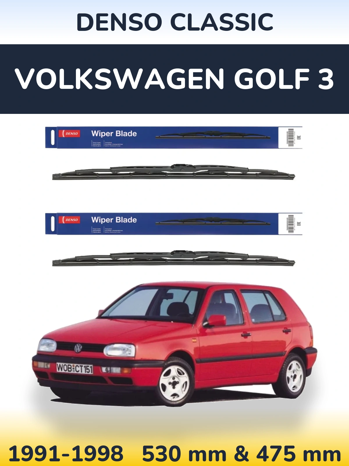 Front wiper blade set Denso Classic 530 & 475 mm for Volkswagen Golf 3 1991-1998