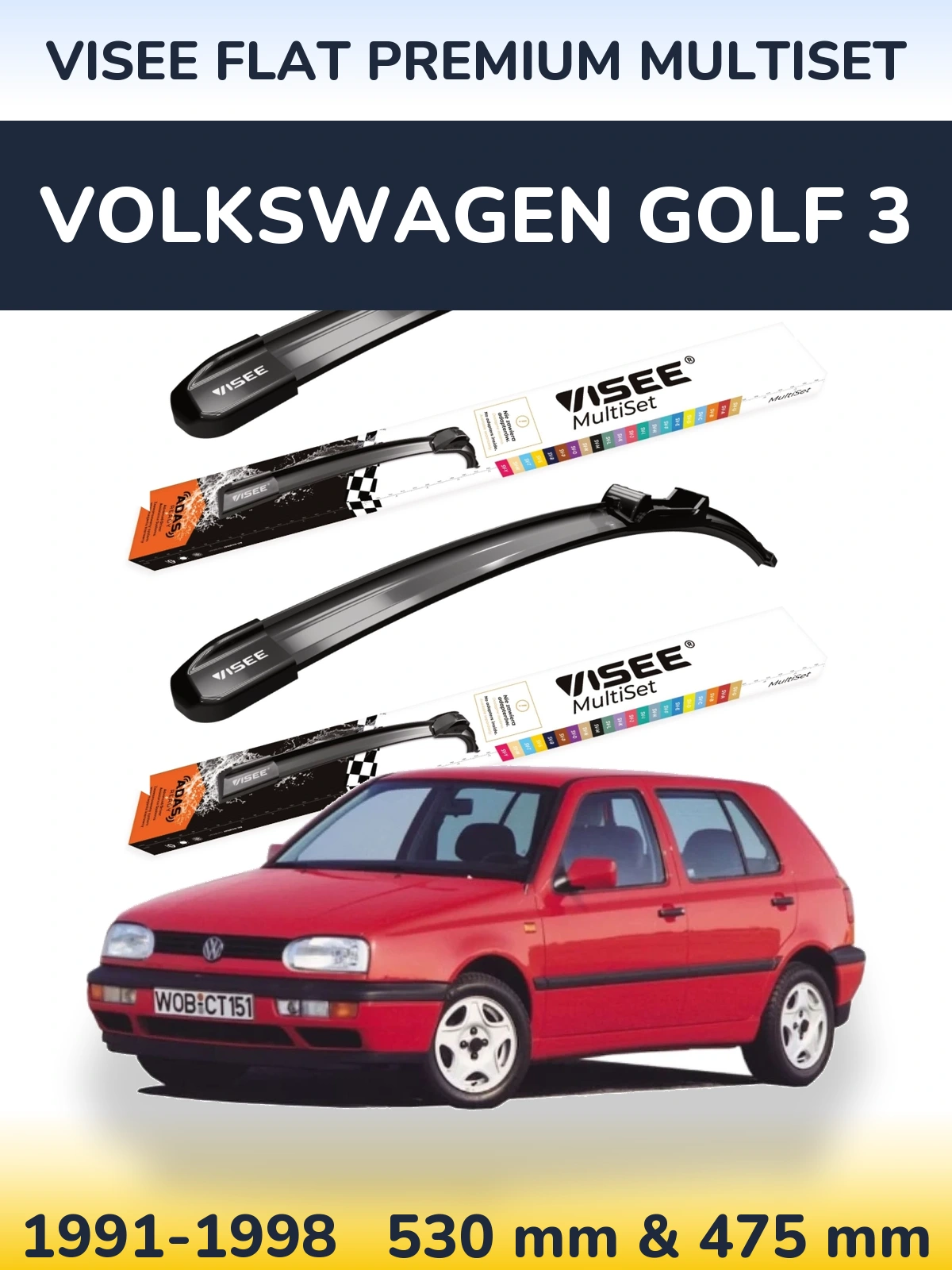 Front wiper blade set VISEE FLAT PREMIUM MultiSet 530 & 475 mm for Volkswagen Golf 3 1991-1998