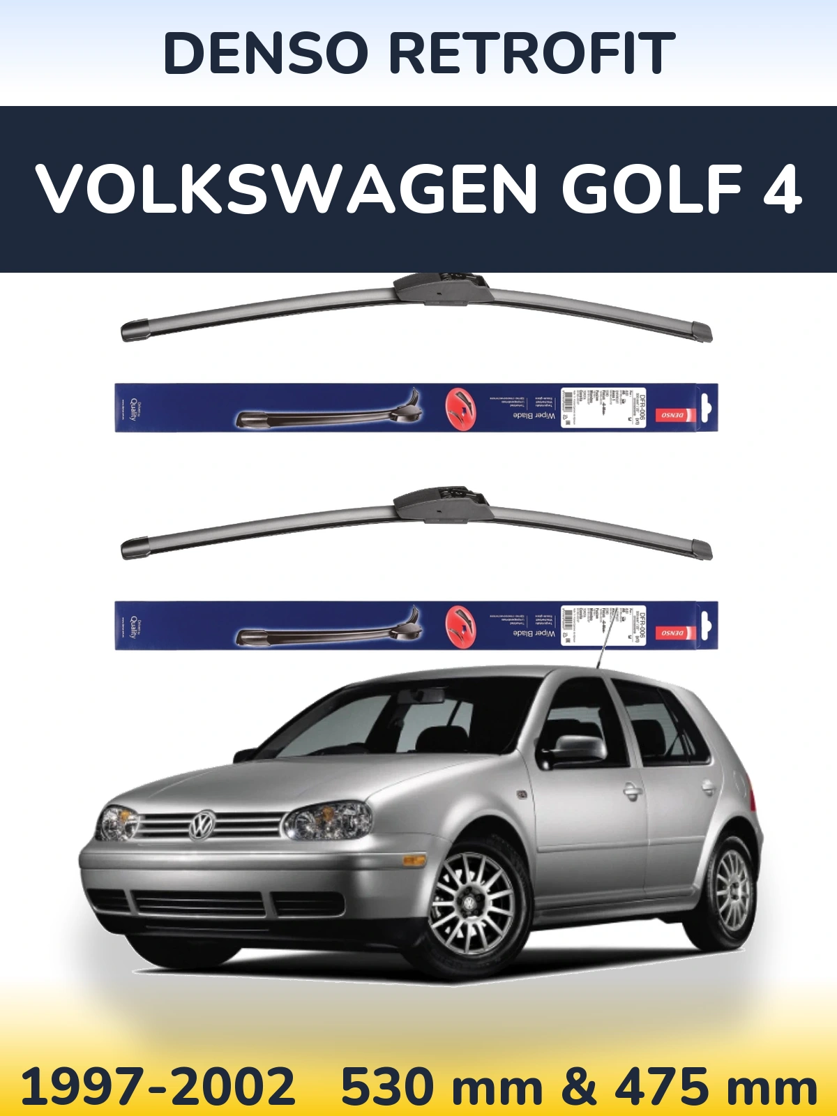 Front wiper blade set Denso Retrofit 530 & 475 mm for Volkswagen Golf 4 1997-2002