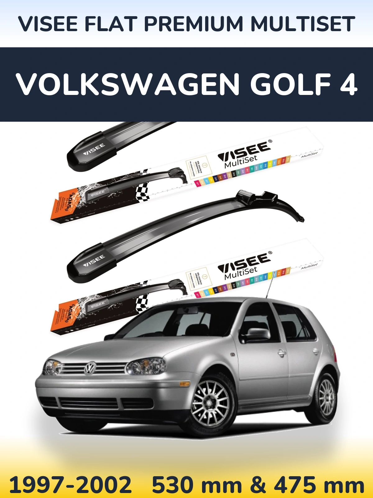 Front wiper blade set VISEE FLAT PREMIUM MultiSet 530 & 475 mm for Volkswagen Golf 4 1997-2002