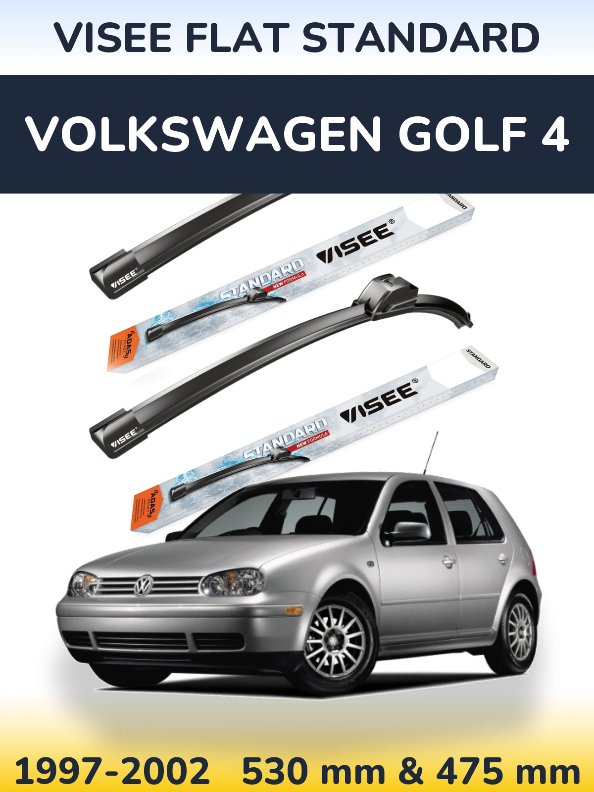 Front wiper blade set VISEE FLAT STANDARD 530 & 475 mm for Volkswagen Golf 4 1997-2002