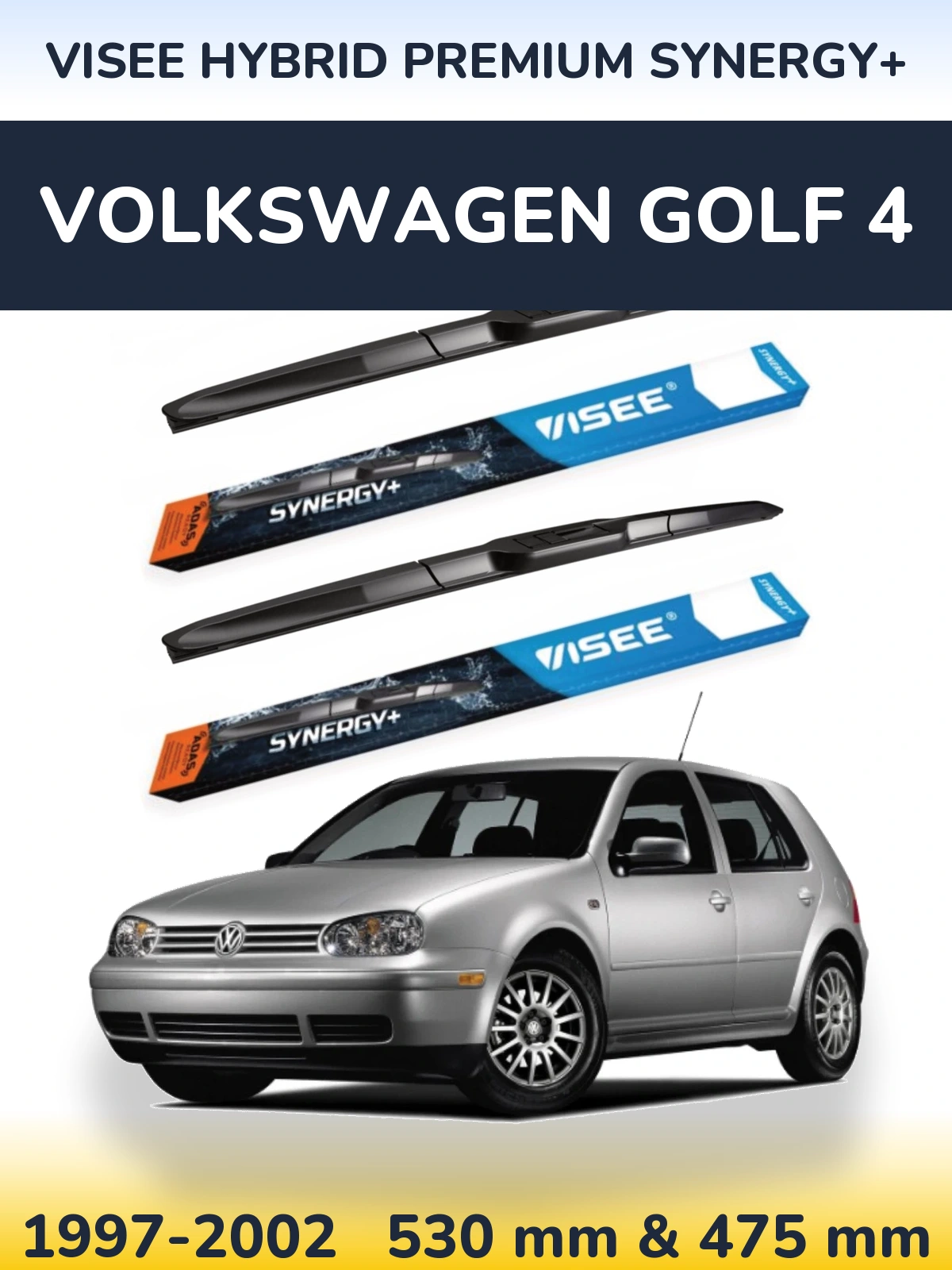 Front wiper blade set VISEE HYBRID PREMIUM SYNERGY+ 530 & 475 mm for Volkswagen Golf 4 1997-2002