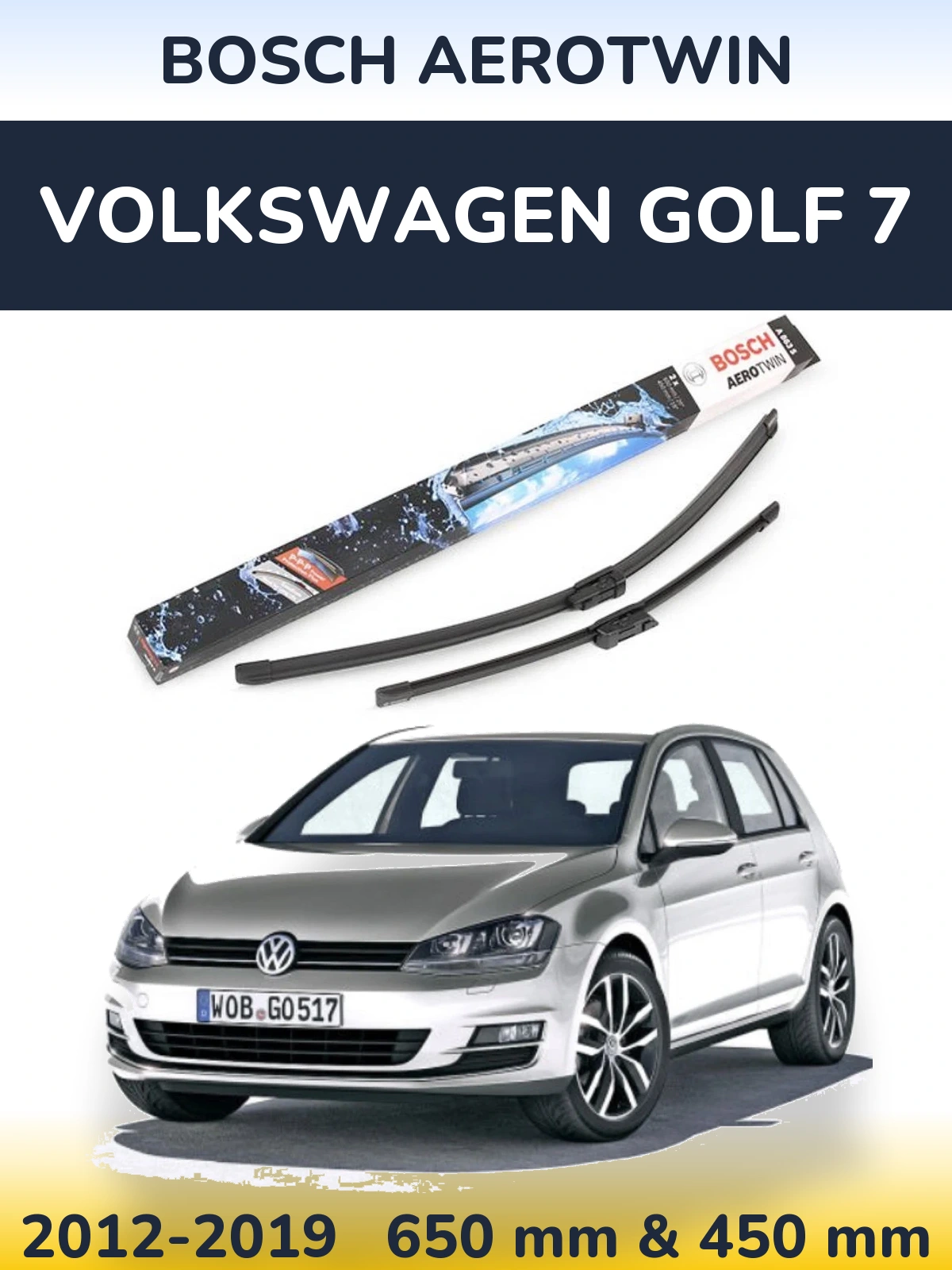 Комплект передних дворников BOSCH AeroTwin 650 & 450 мм для Volkswagen Golf 7 2012-2019
