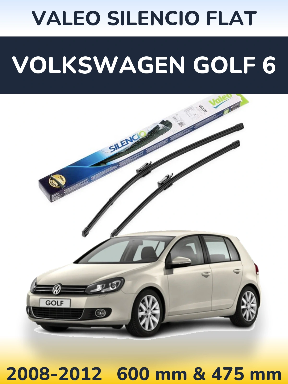 Front wiper blade set Valeo Silencio Flat 600 & 475 mm for Volkswagen Golf 6 2008-2012