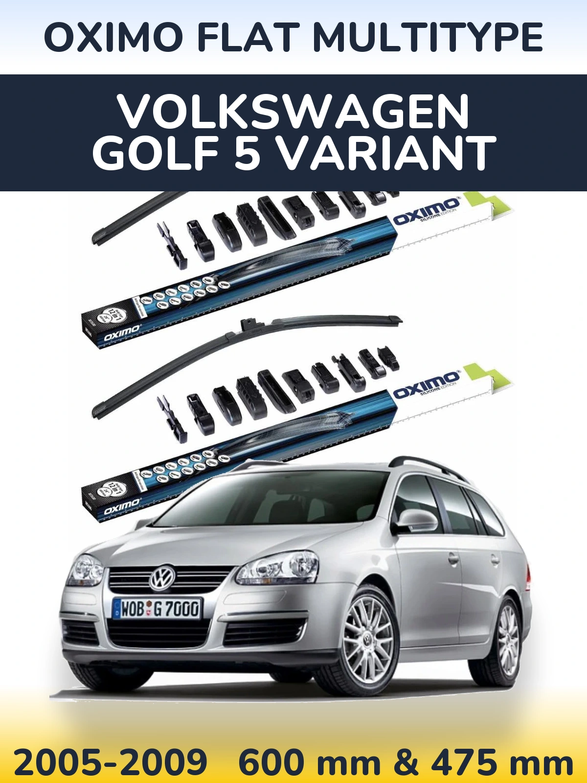 Комплект передних дворников Oximo Flat MultiТипe 600 & 475 мм для Volkswagen Golf 5 Variant 2005-2009