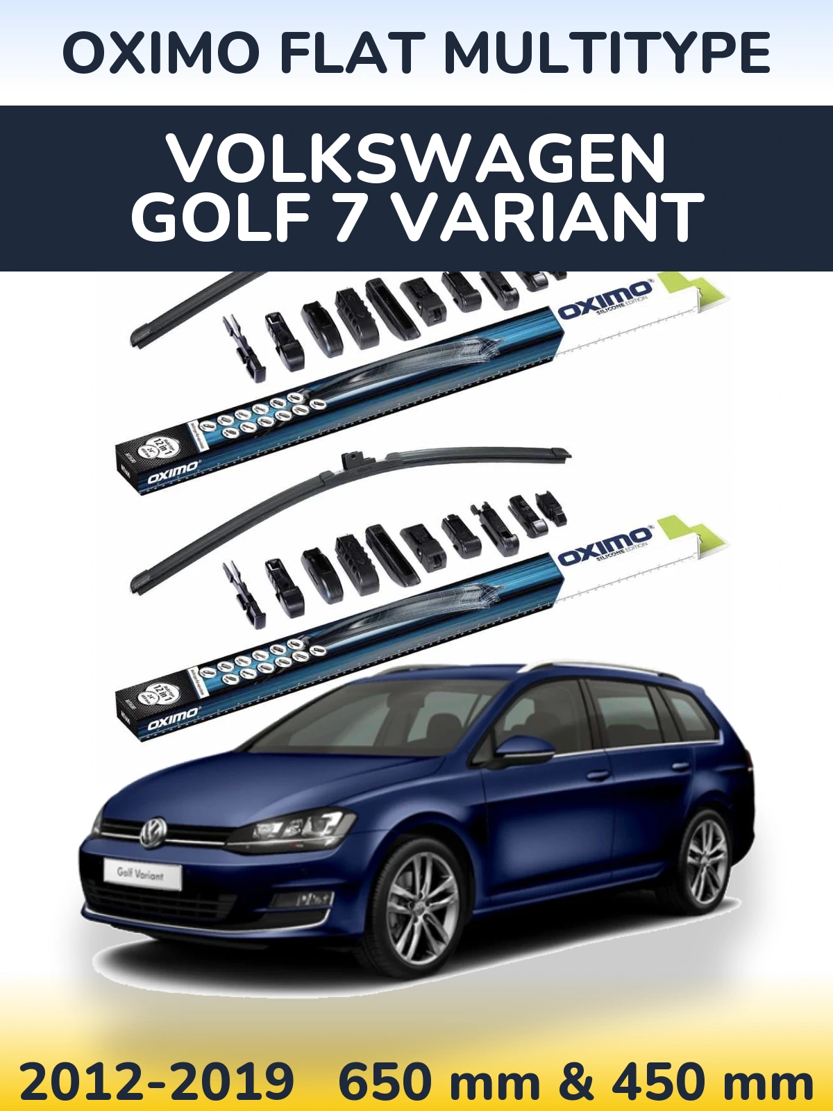 Front wiper blade set Oximo Flat MultiTypee 650 & 450 mm for Volkswagen Golf 7 Variant 2012-2019