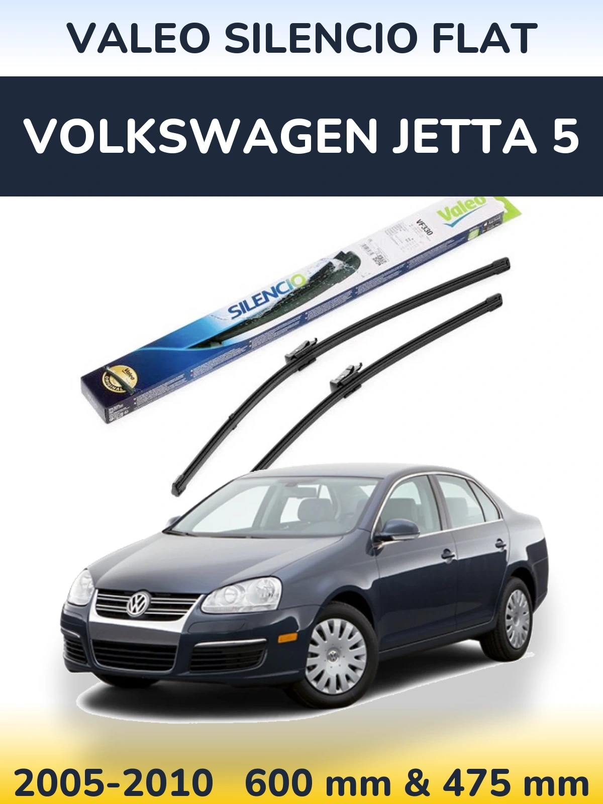 Front wiper blade set Valeo Silencio Flat 600 & 475 mm for Volkswagen Jetta 5 2005-2010