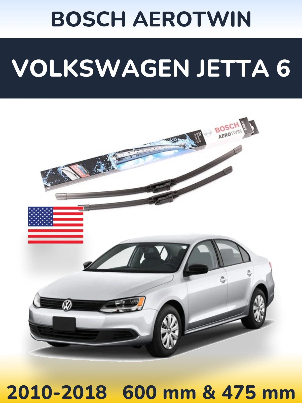 Front wiper blade set BOSCH AeroTwin 600 & 475 mm for Volkswagen Jetta 6 2010-2018