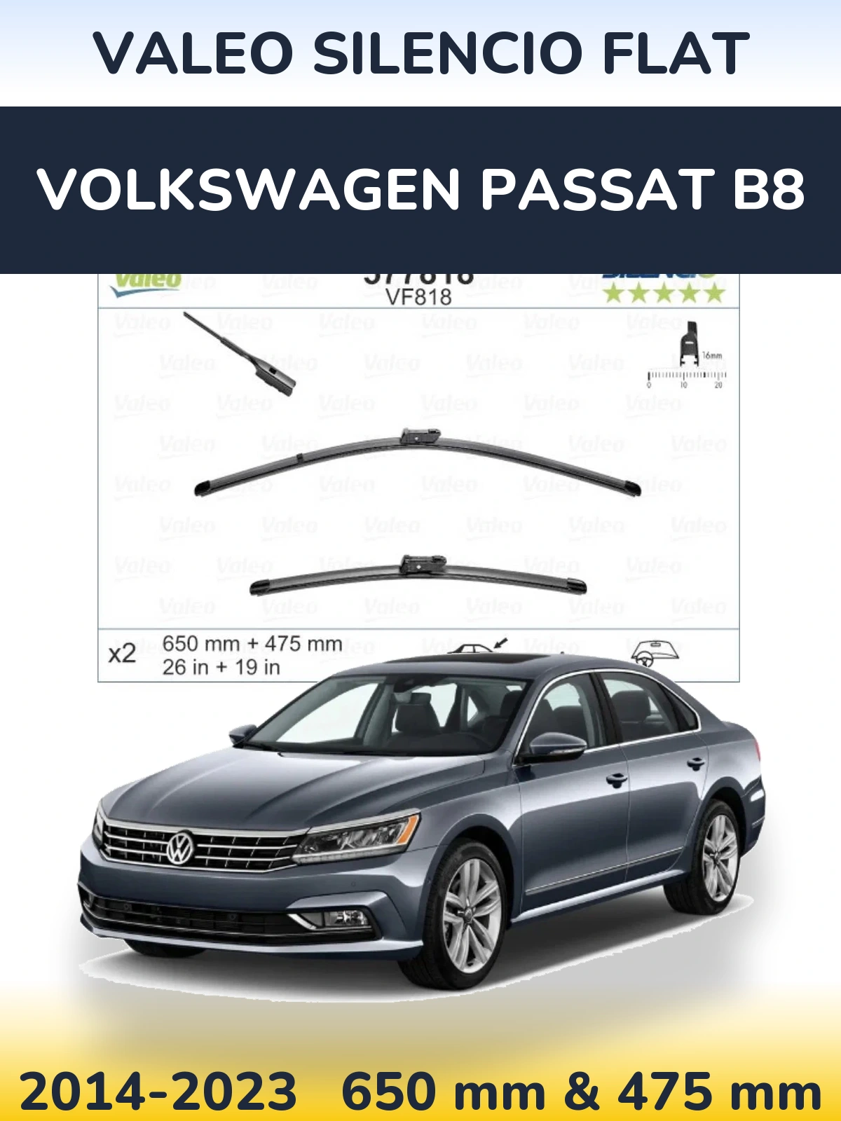 Front wiper blade set Valeo Silencio Flat 650 & 475 mm for Volkswagen Passat B8 2014-2023