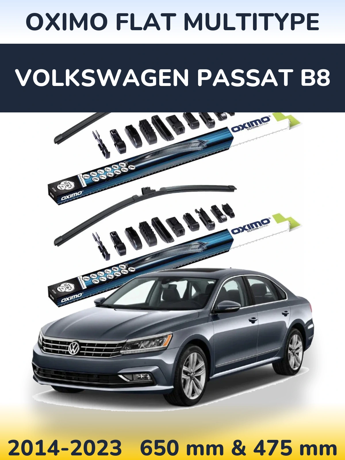Комплект передних дворников Oximo Flat MultiТипe 650 & 475 мм для Volkswagen Passat B8 2014-2023