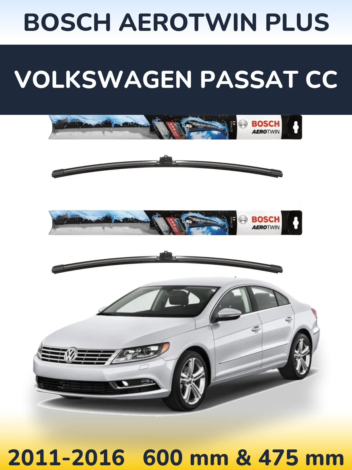 Комплект передніх щіток BOSCH AeroTwin Plus 600 & 475 мм для Volkswagen Passat CC 2011-2016