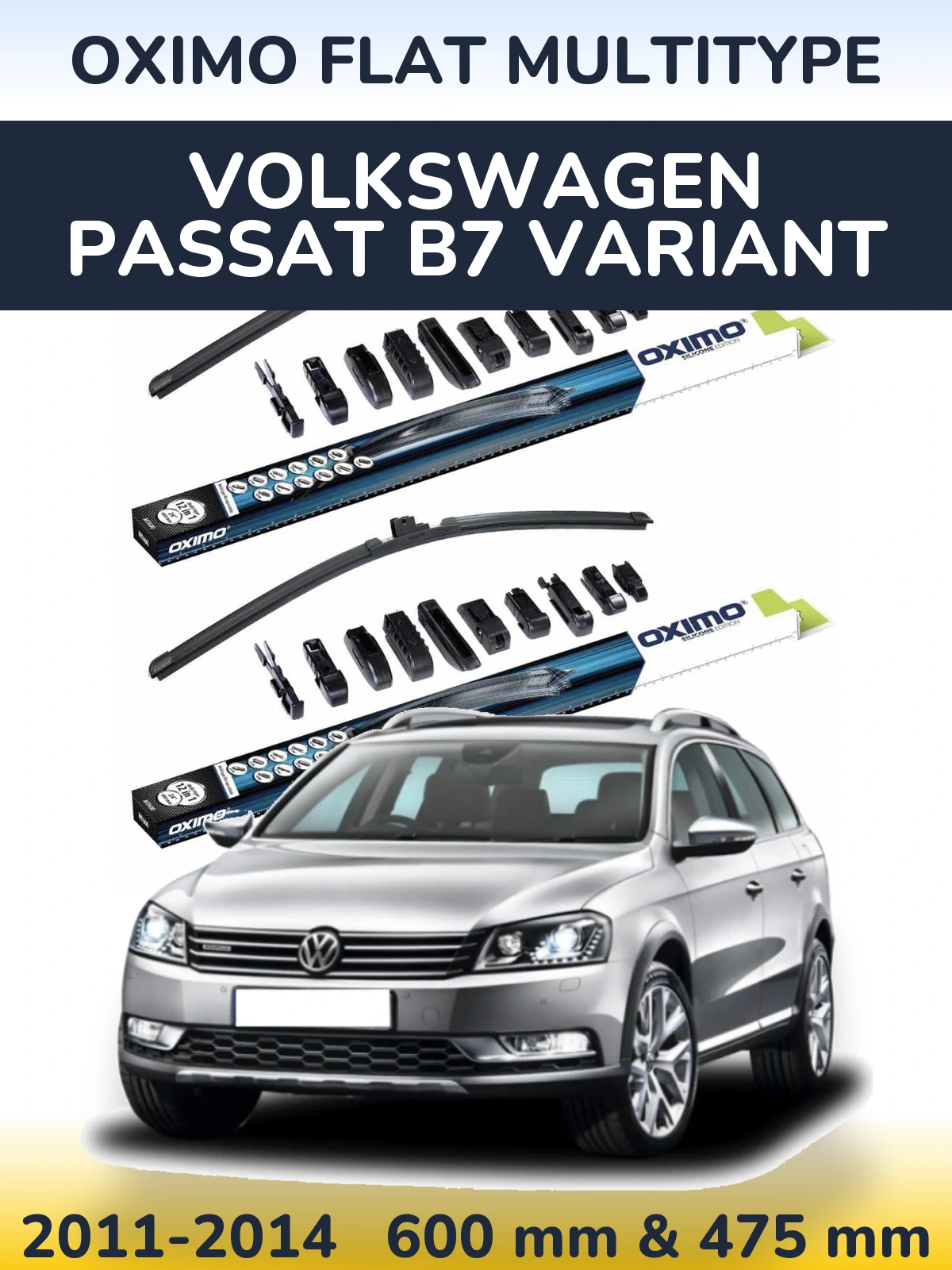 Комплект передних дворников Oximo Flat MultiТипe 600 & 475 мм для Volkswagen Passat B7 Variant 2011-2014