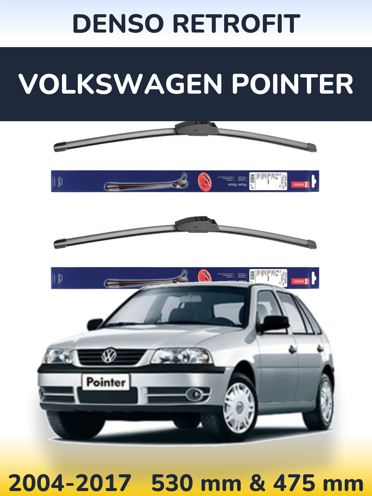 Front wiper blade set Denso Retrofit 530 & 475 mm for Volkswagen Pointer 2004-2017