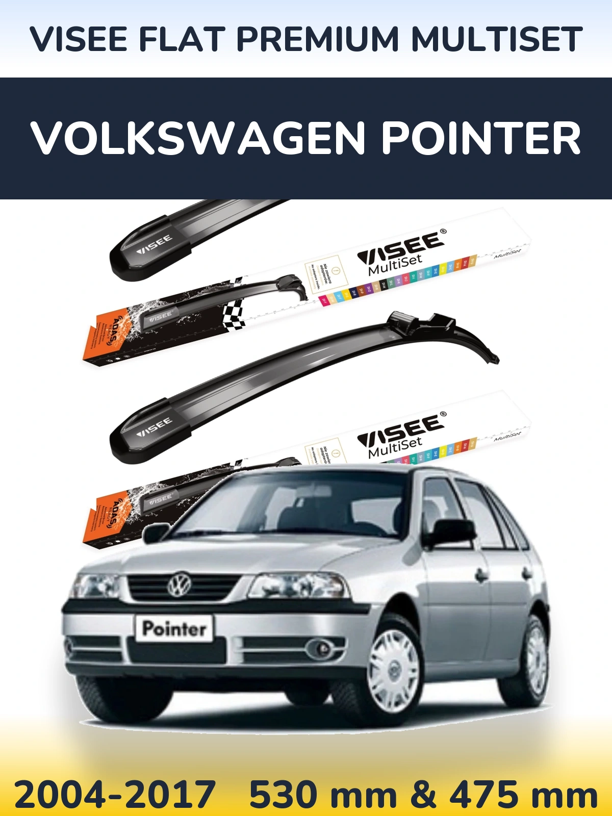 Front wiper blade set VISEE FLAT PREMIUM MultiSet 530 & 475 mm for Volkswagen Pointer 2004-2017